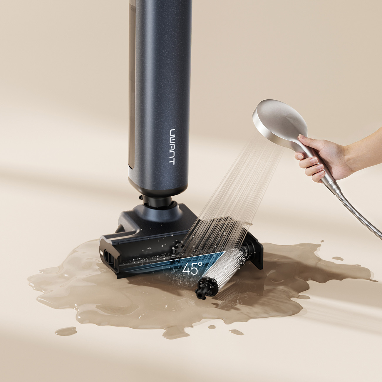 Ciemny odkurzacz czyści mokrą podłogę szczotką pod kątem 45°.