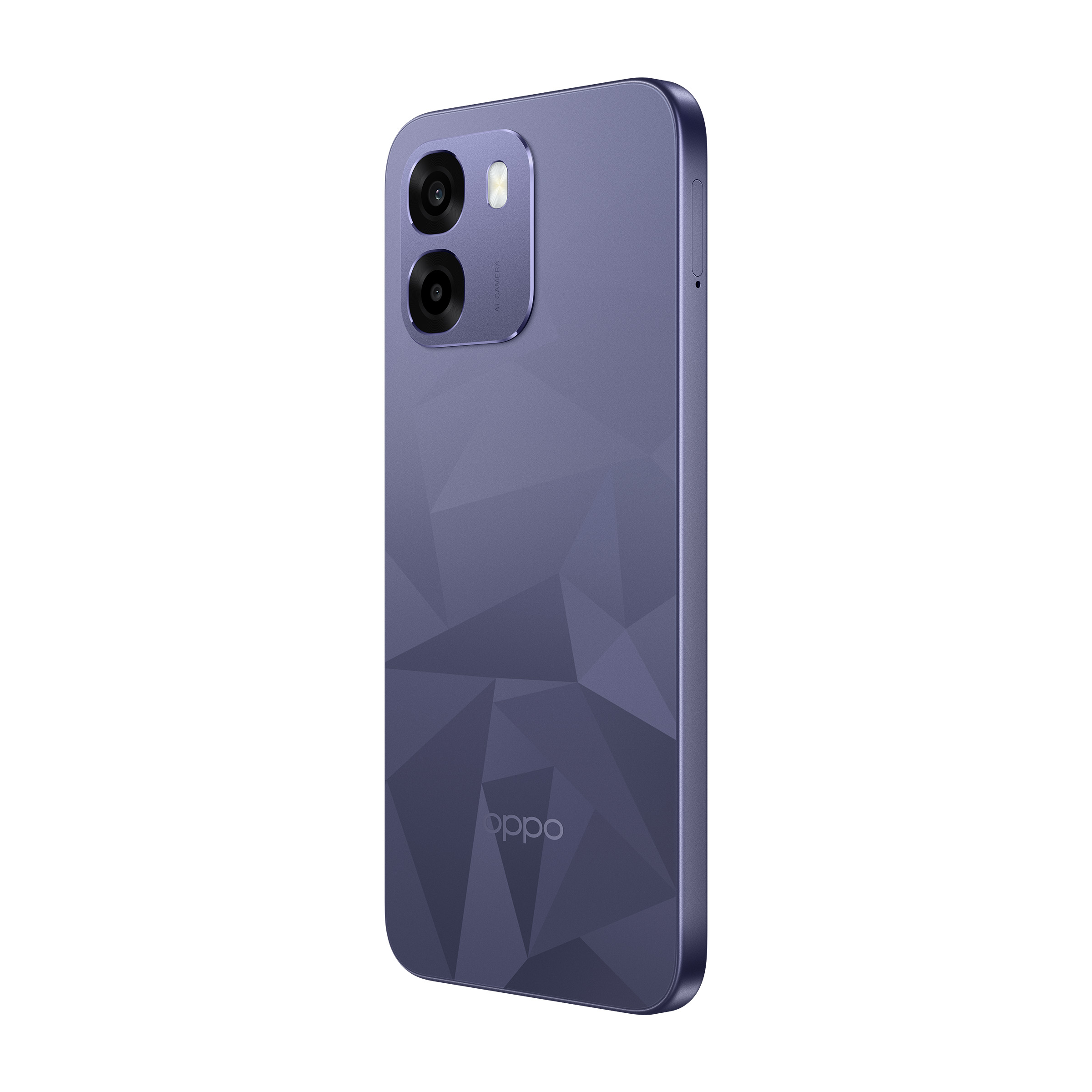 Fioletowy smartfon Oppo z geometrycznym wzorem i podwójnym aparatem z tyłu.