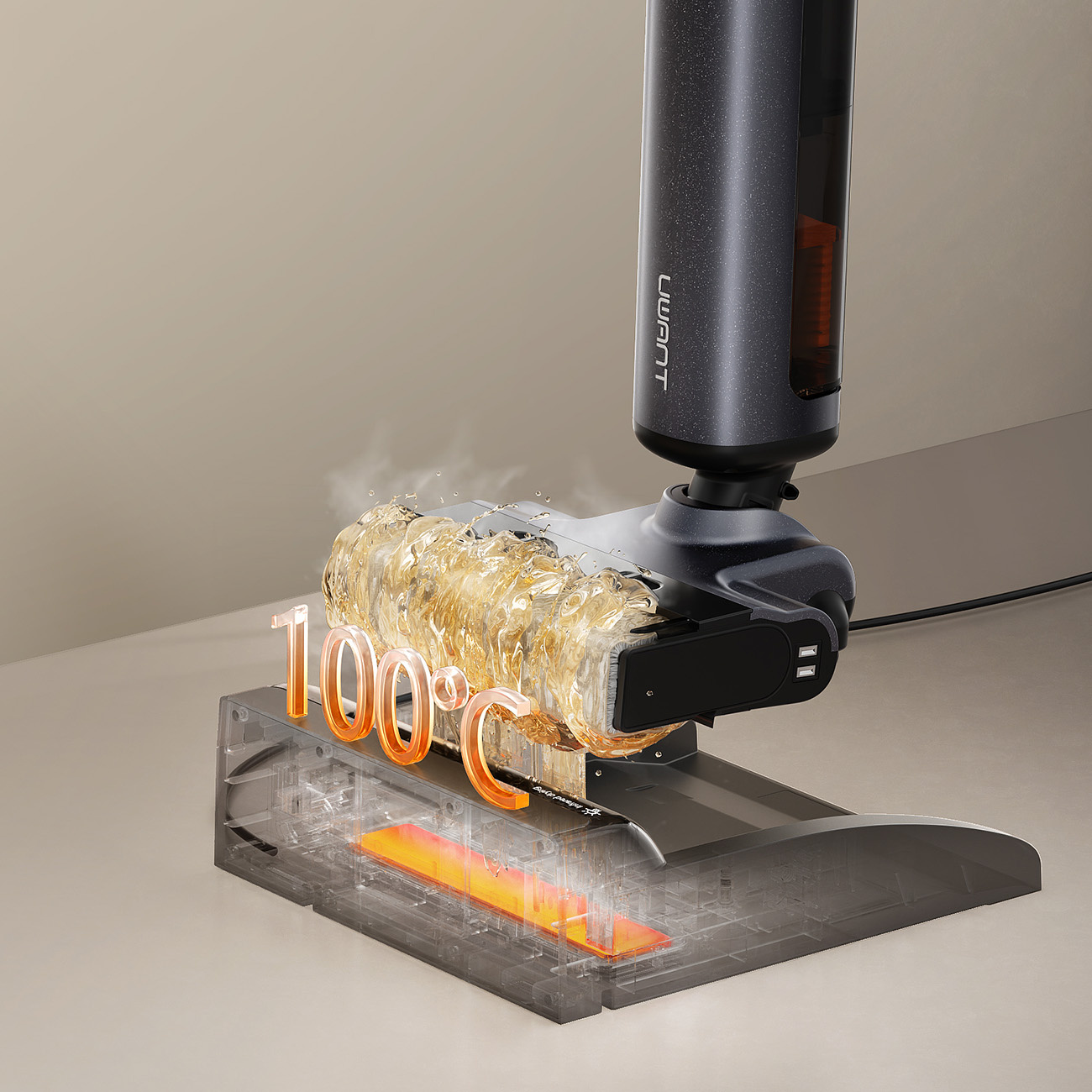 Urządzenie pokazuje 100°C z parującą wodą i pomarańczowym elementem grzewczym.