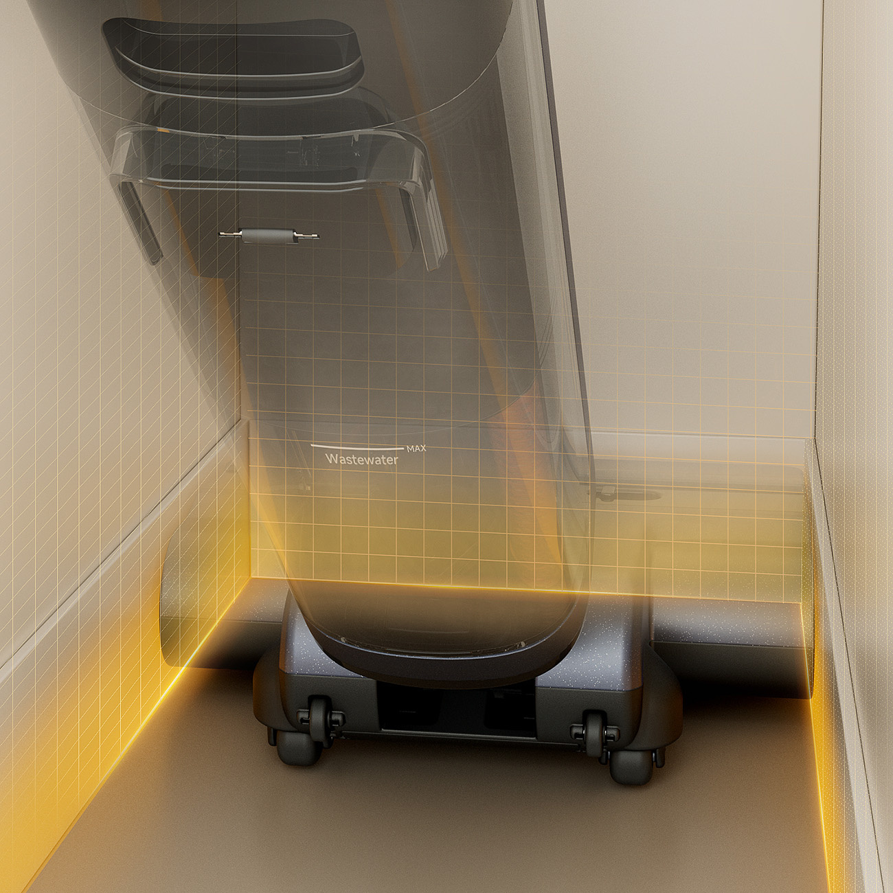 Ciemny odkurzacz z przezroczystym zbiornikiem stoi w rogu. Żółte linie podkreślają krawędzie.