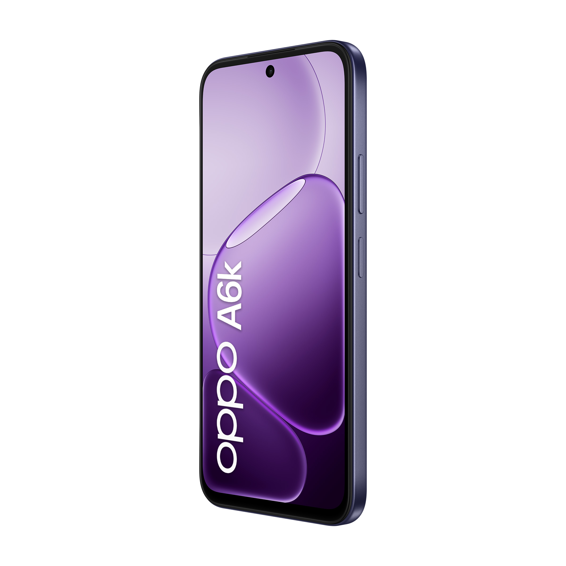 Fioletowy smartfon Oppo A6k z falistym wzorem na ekranie.