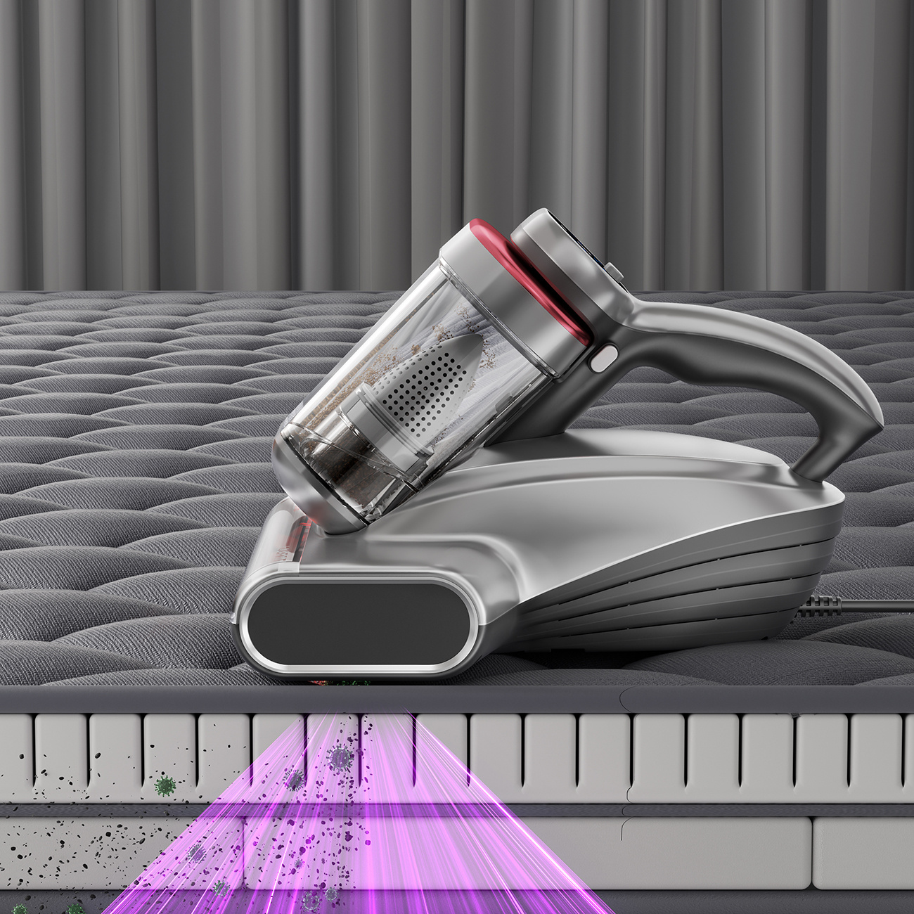 Srebrny odkurzacz do materacy z lampą UV na szarej materac.