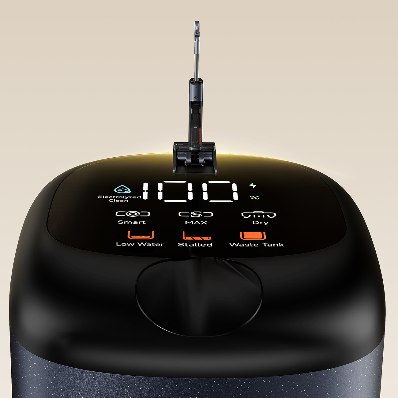 Mop podłogowy z wyświetlaczem pokazuje 100% baterii, Smart, Max i Suchy.