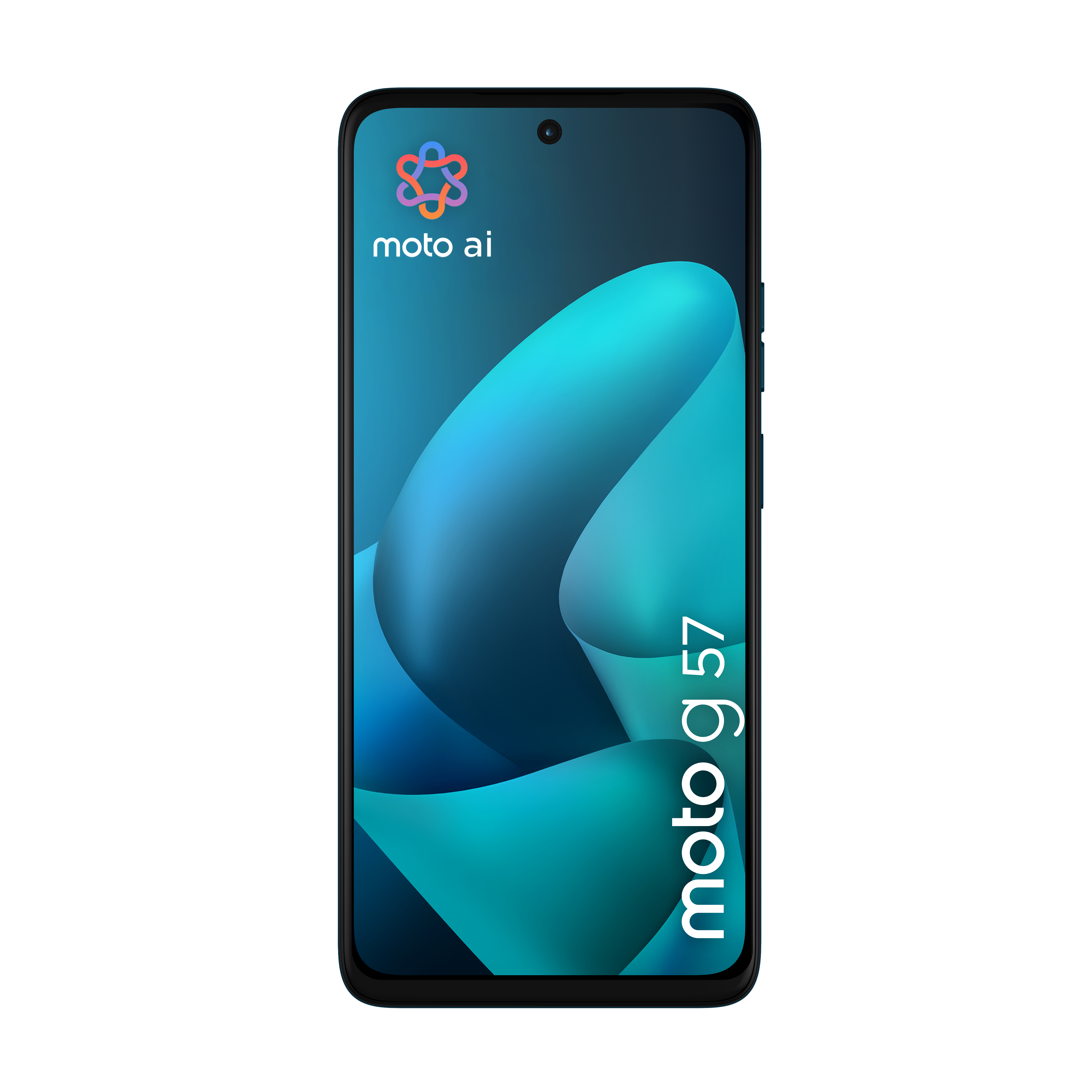 Nowoczesny smartfon z niebiesko-turkusowym wzorem fal na ekranie.
