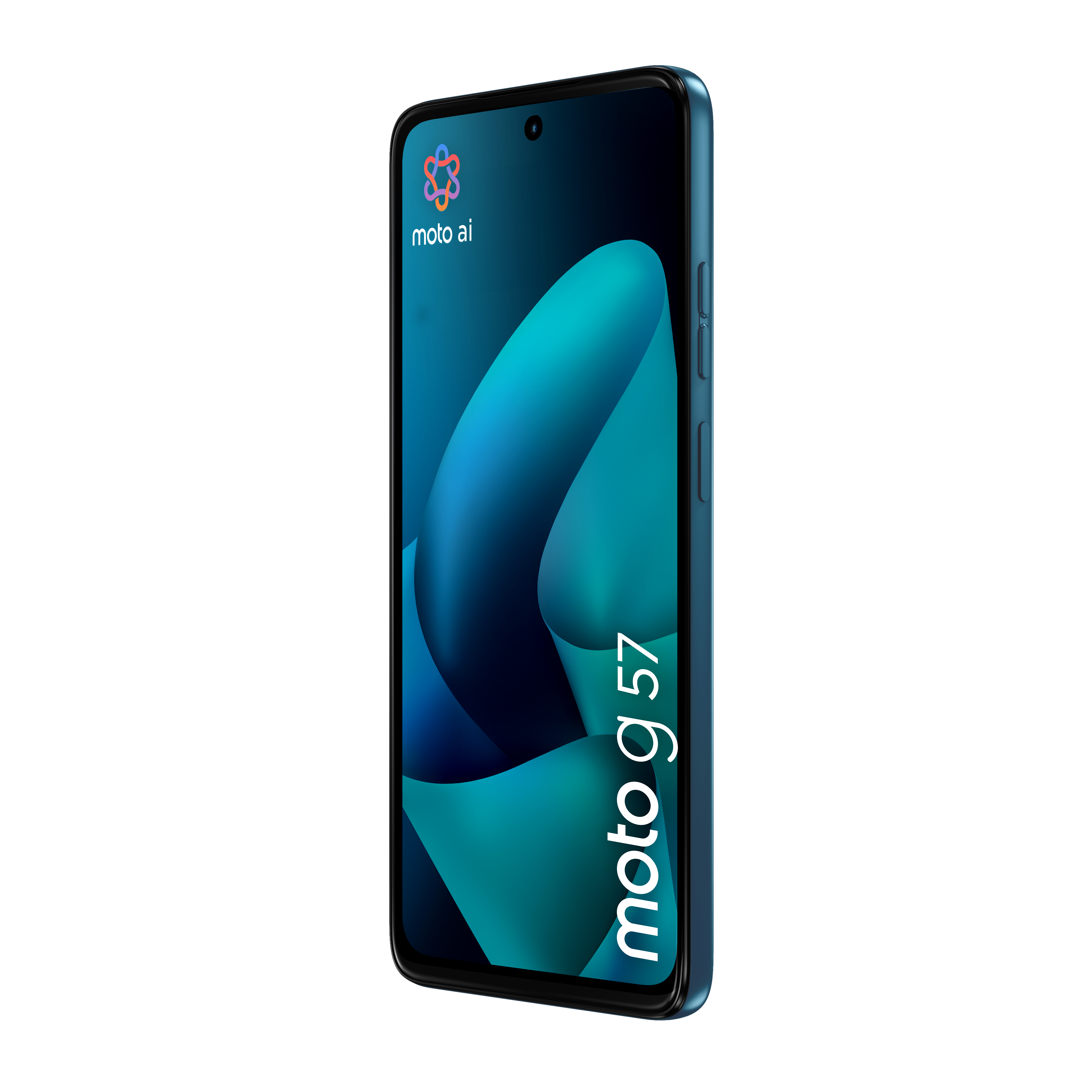 Niebieski smartfon Motorola z zakrzywionym wzorem na ekranie.