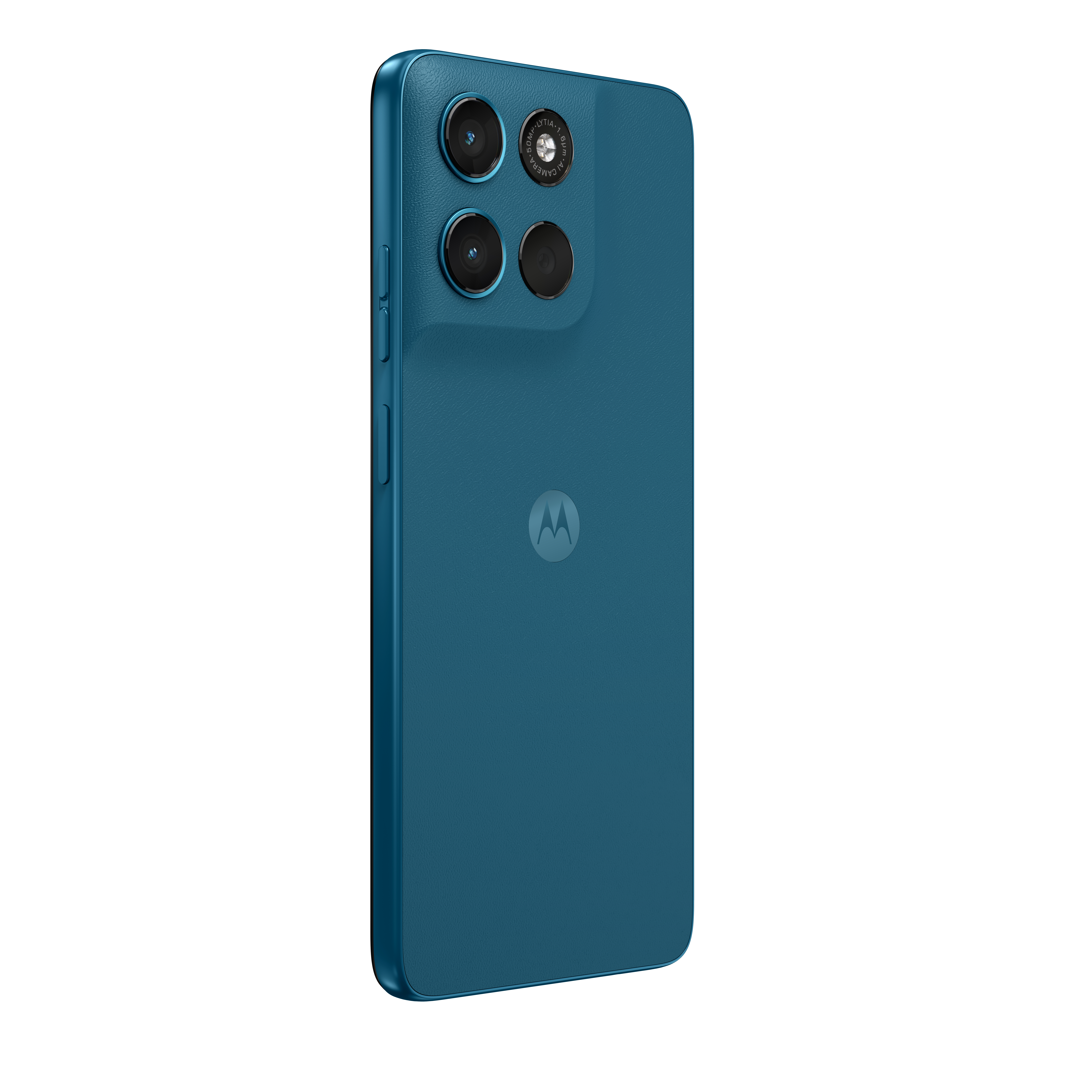 Tył niebieskiego smartfona z trzema aparatami i logo Motorola.