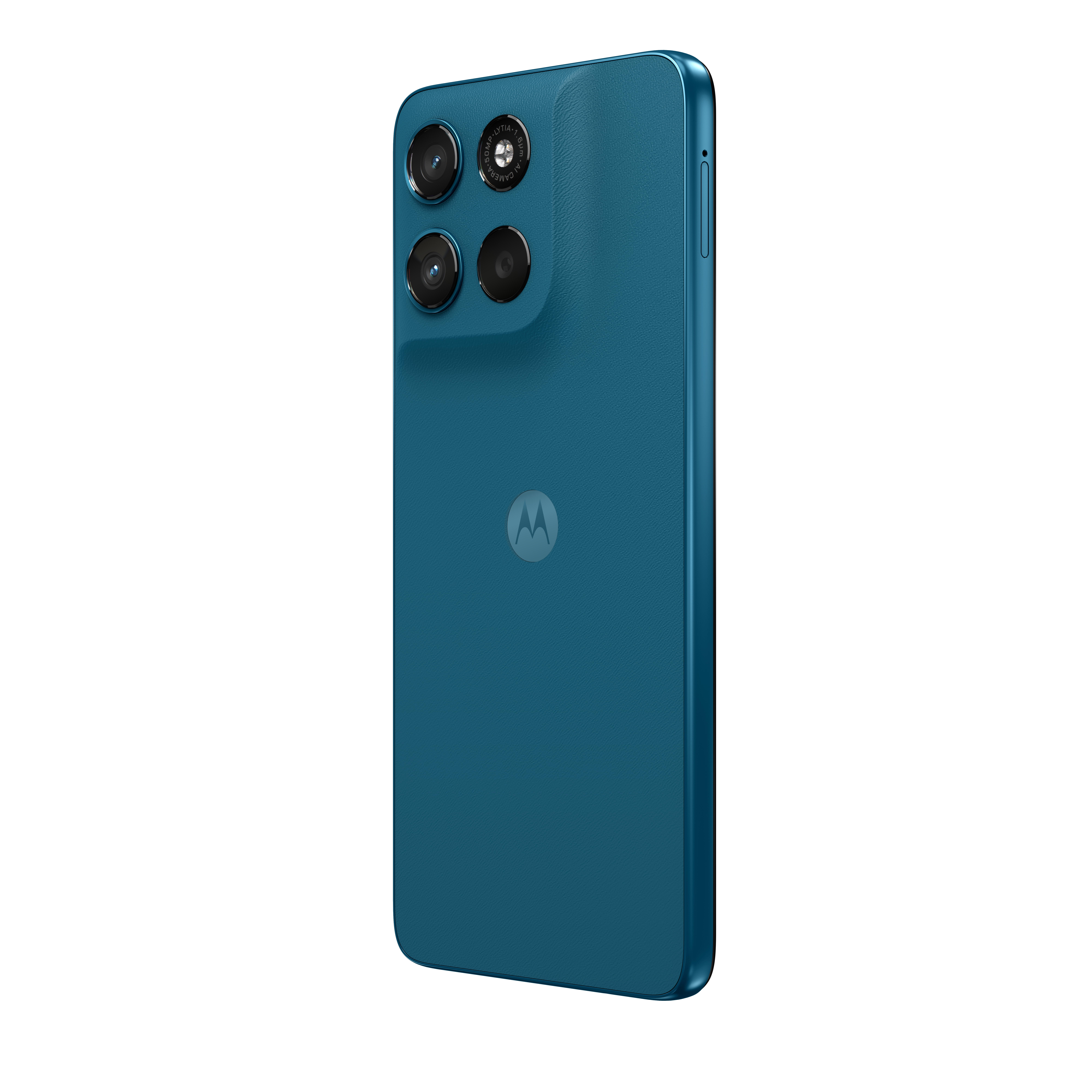 Niebieski smartfon Motorola z trzema aparatami i logo Motorola.