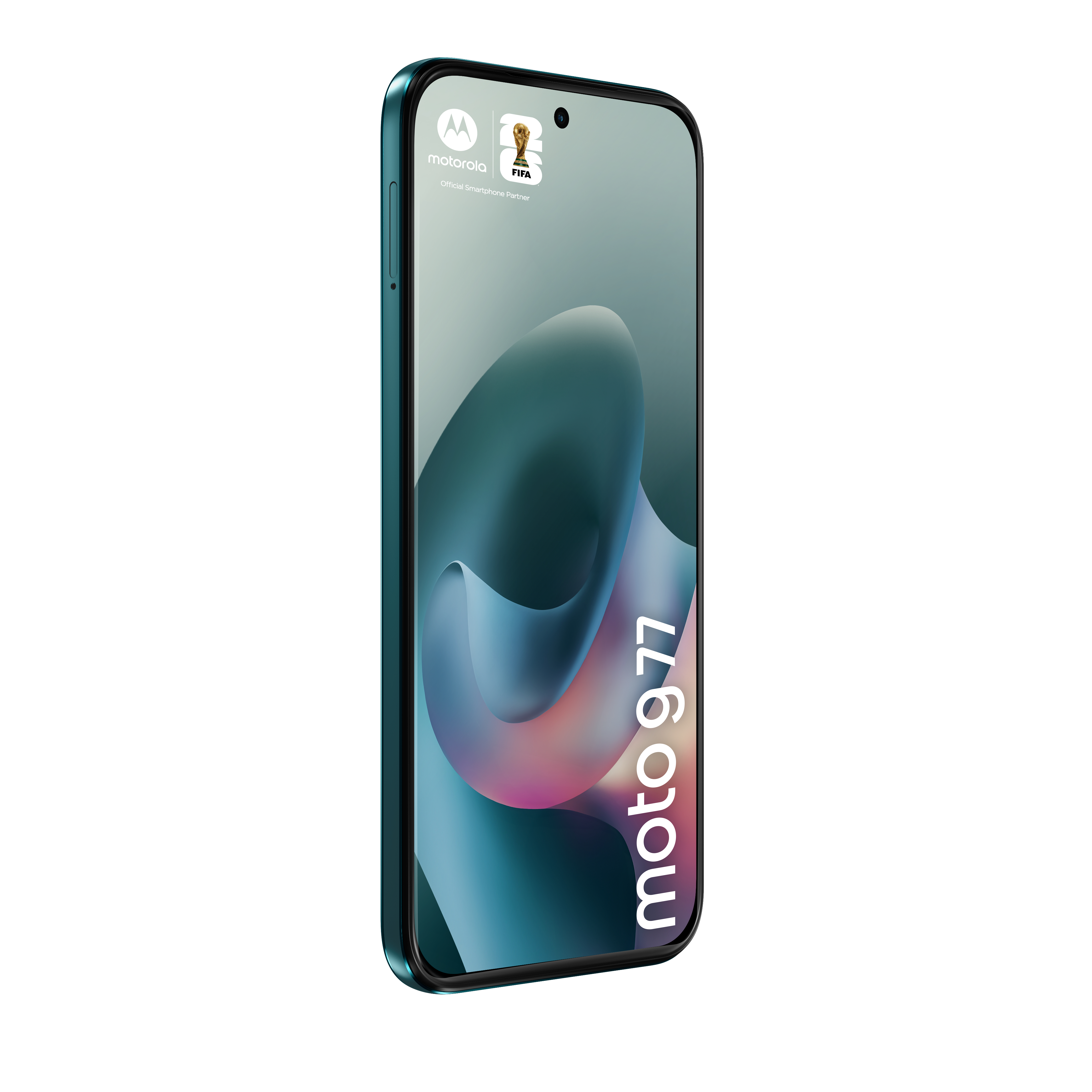 Turkusowy smartfon Motorola Moto G77 z logo FIFA na ekranie.