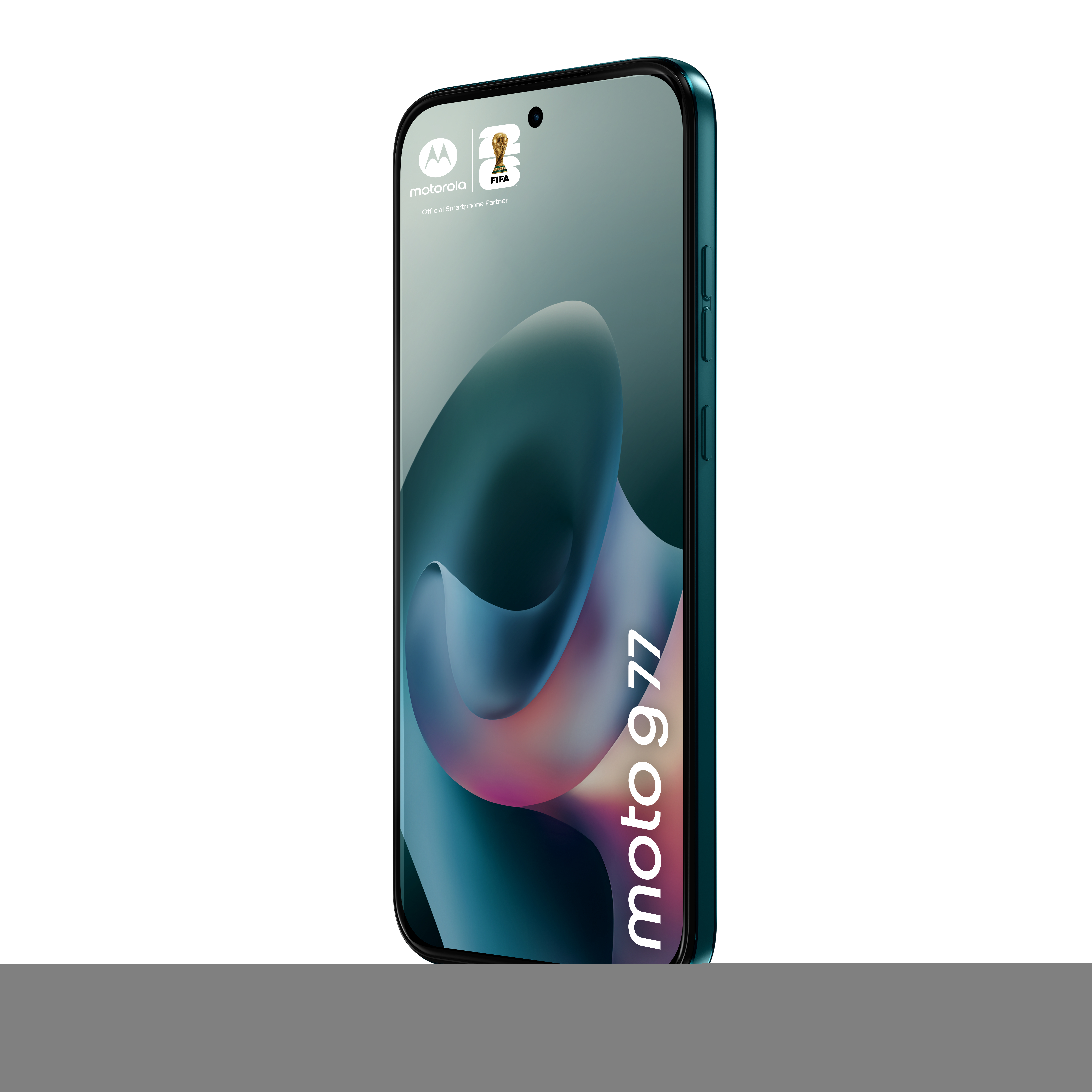 Turkusowy smartfon Motorola Moto G 77 z logo FIFA na ekranie.