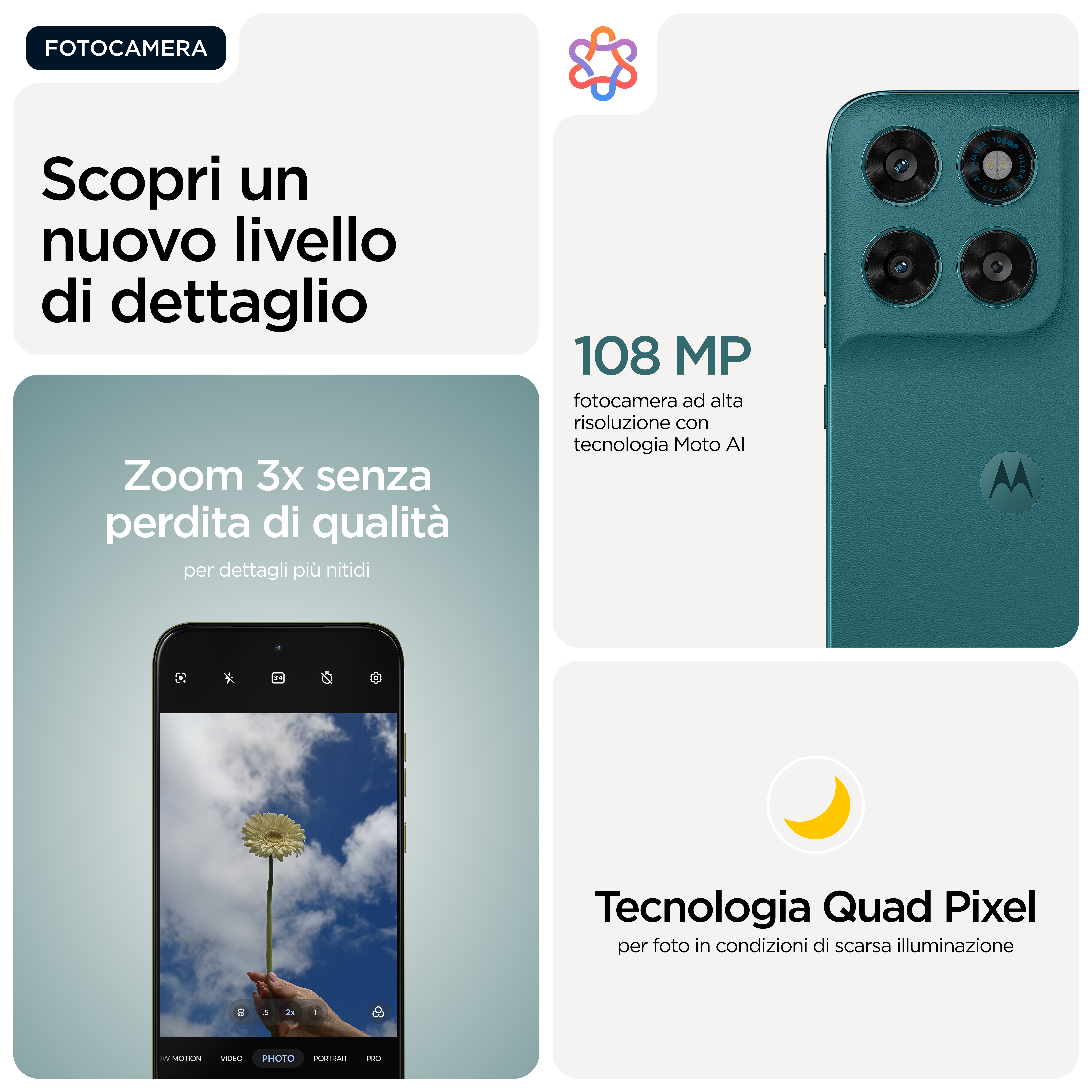 Fotocamera smartphone con 108 MP, zoom 3x e tecnologia Quad Pixel.