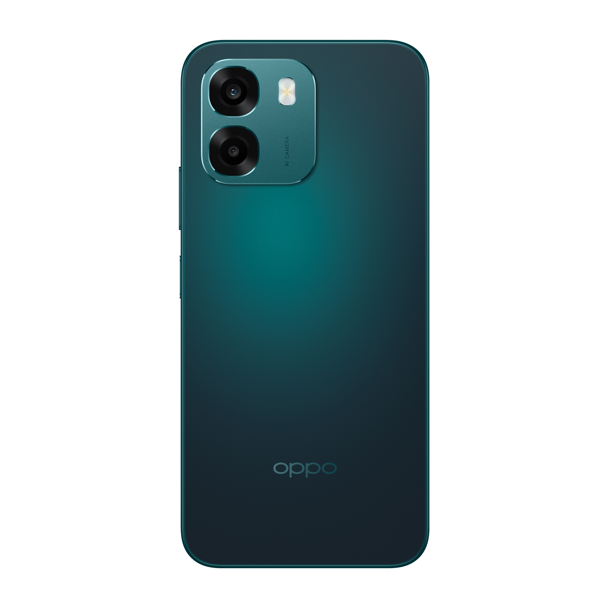 Tył ciemnozielonego smartfona z podwójnym aparatem i logo OPPO.
