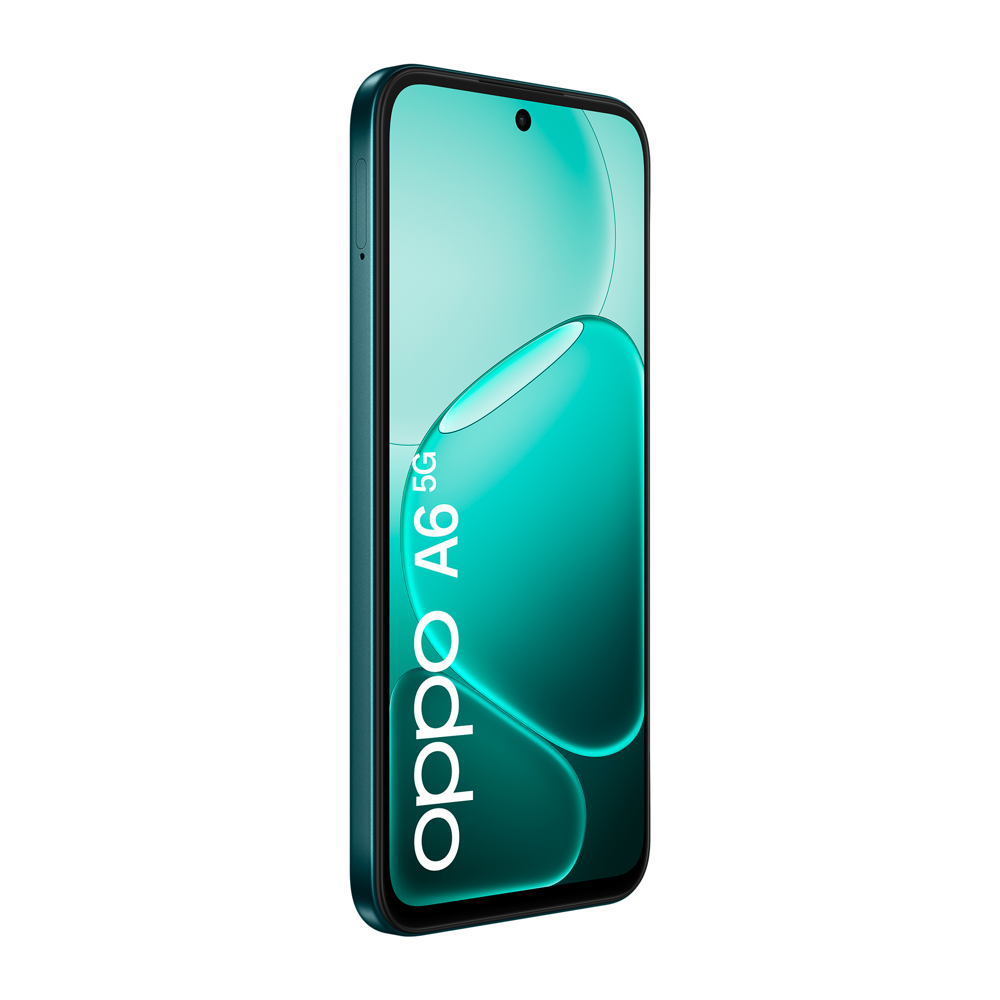 Niebiesko-zielony smartfon OPPO A6 5G z białym tekstem na ekranie.