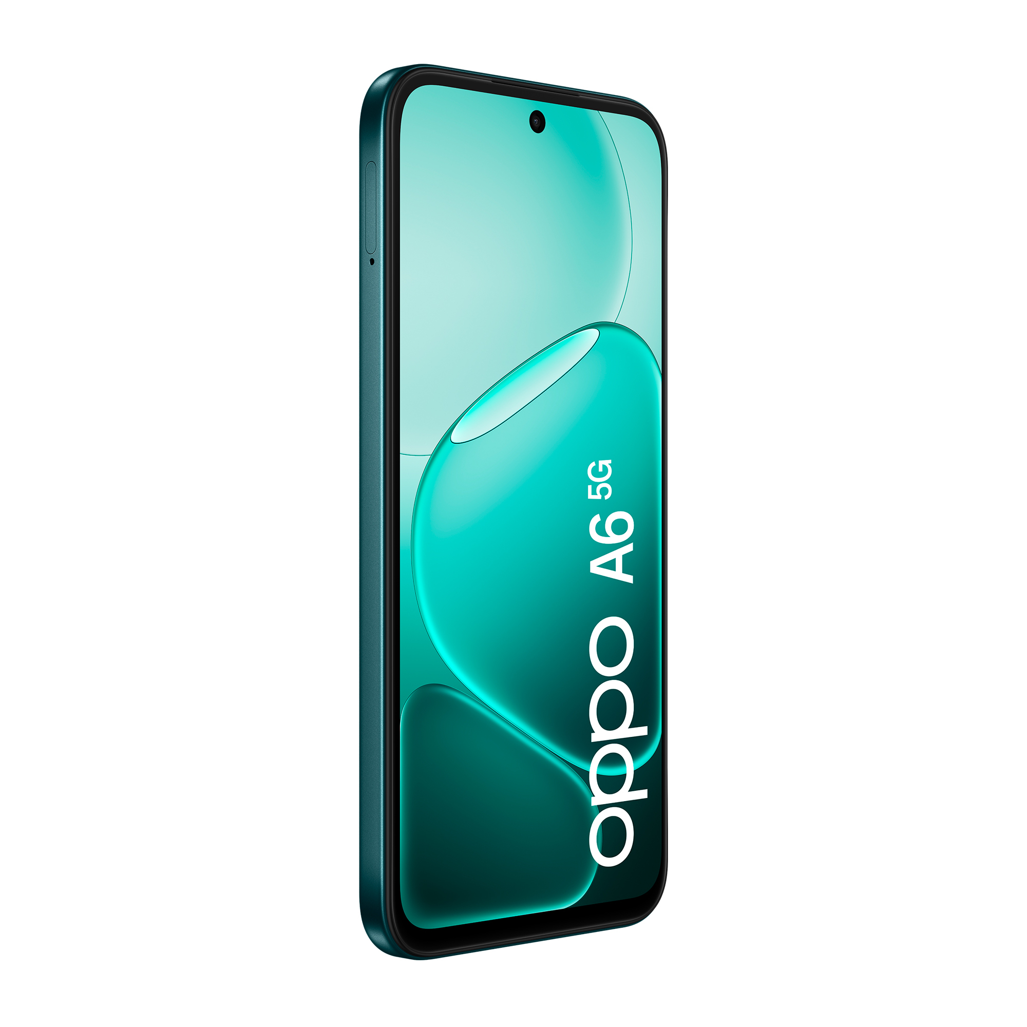 Morski smartfon OPPO A6 5G z białym logo na ekranie.
