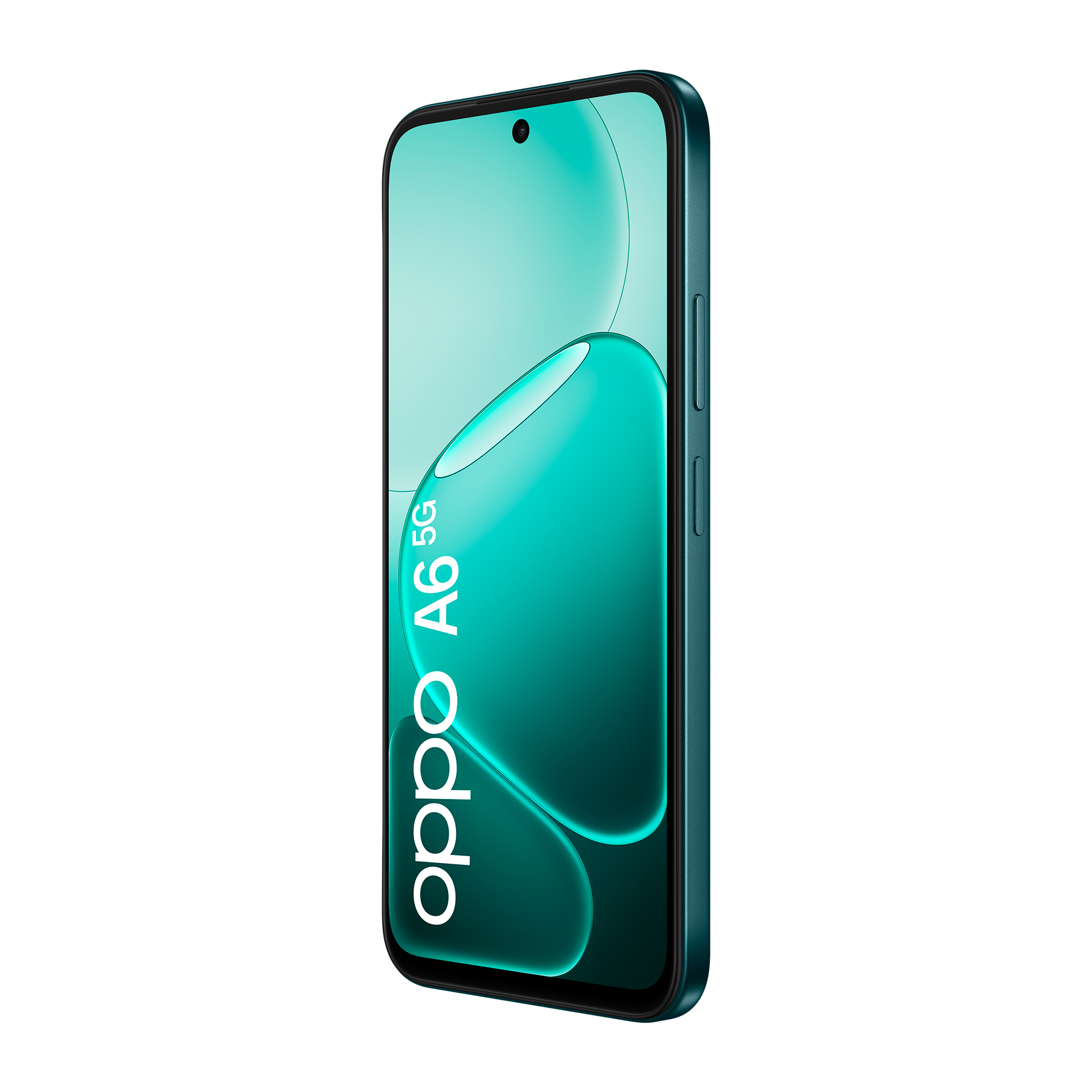 Tealowy smartfon Oppo A6 5G z przednim aparatem typu punch-hole.