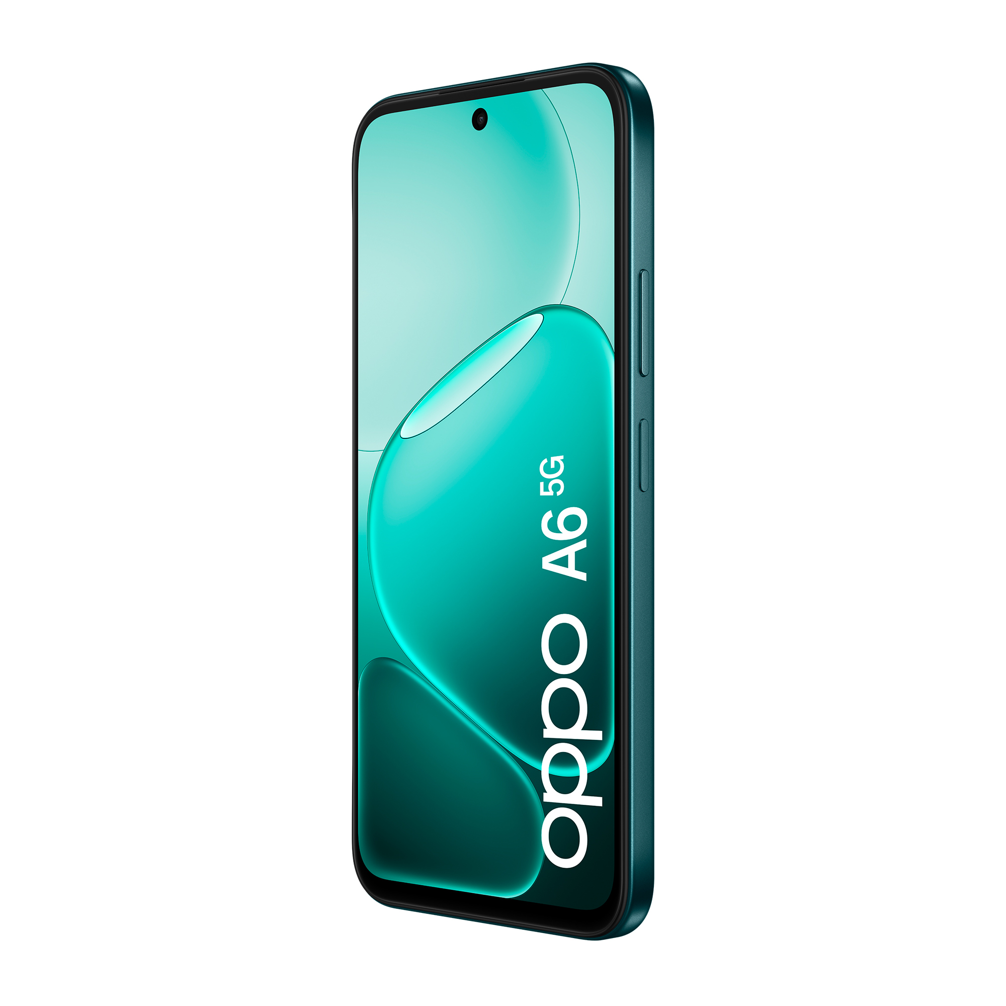 Ciemnozielony smartfon Oppo A6 5G z pełnoekranowym wyświetlaczem.