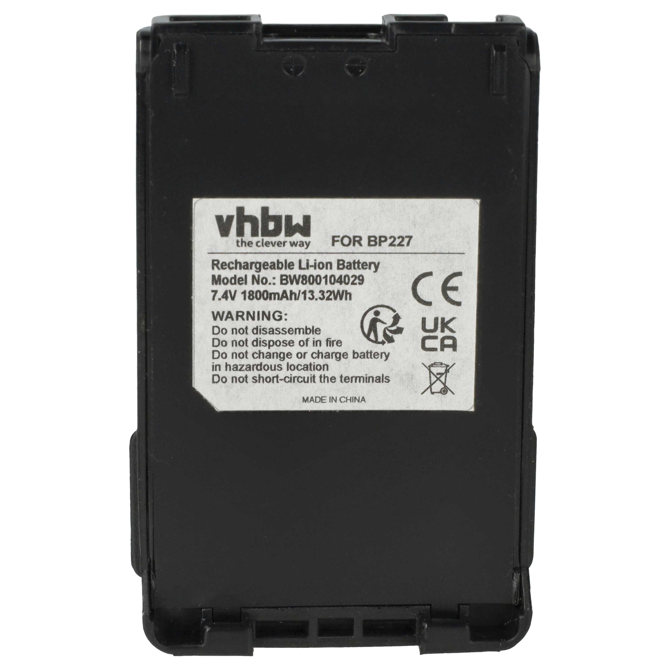 Schwarzer Akku mit Aufkleber: vhbw, BP227, 7.4V 1800mAh, CE, UKCA.