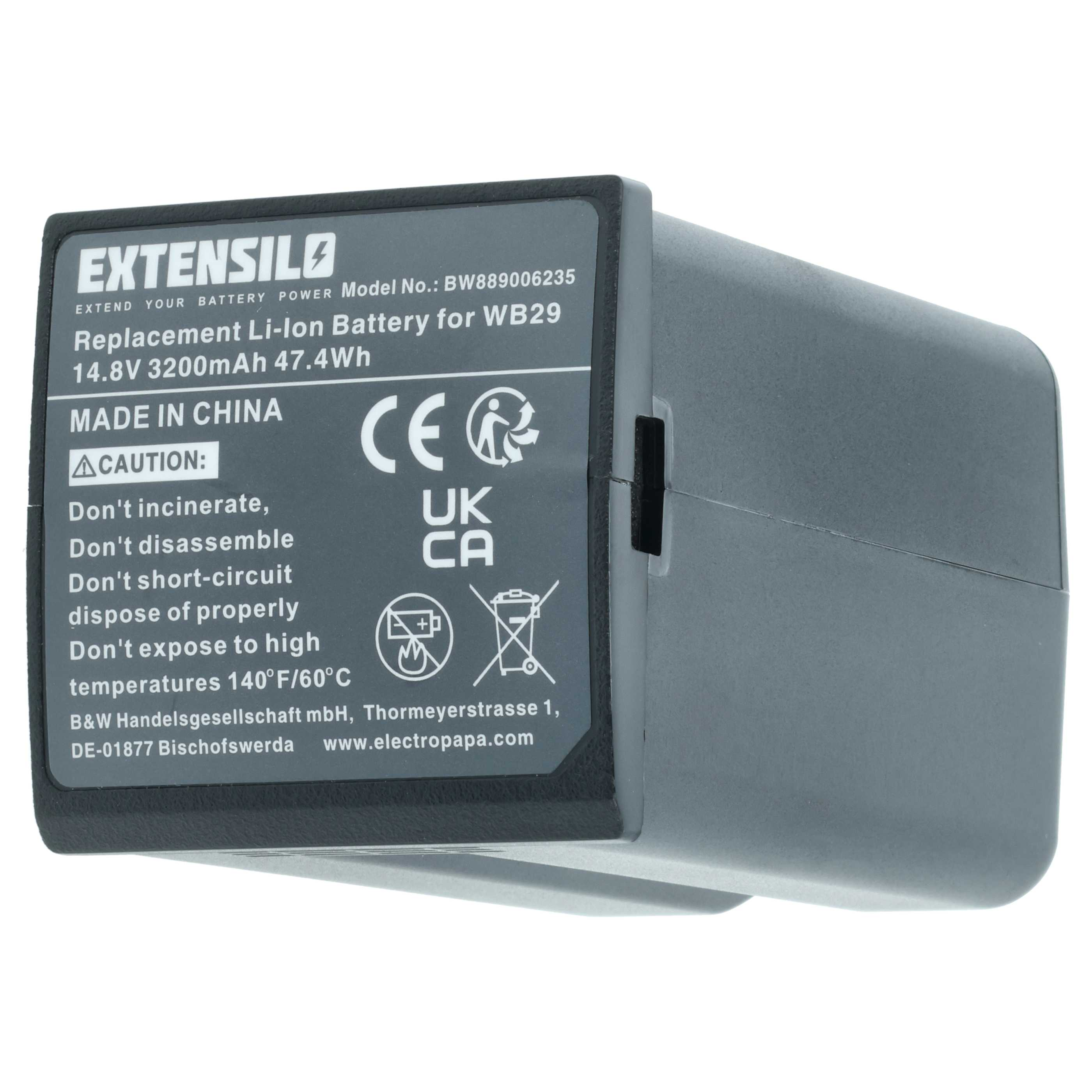 Graue EXTENSILO Ersatz-Li-Ion-Batterie für WB29 mit Warnsymbolen und CE-Zeichen.