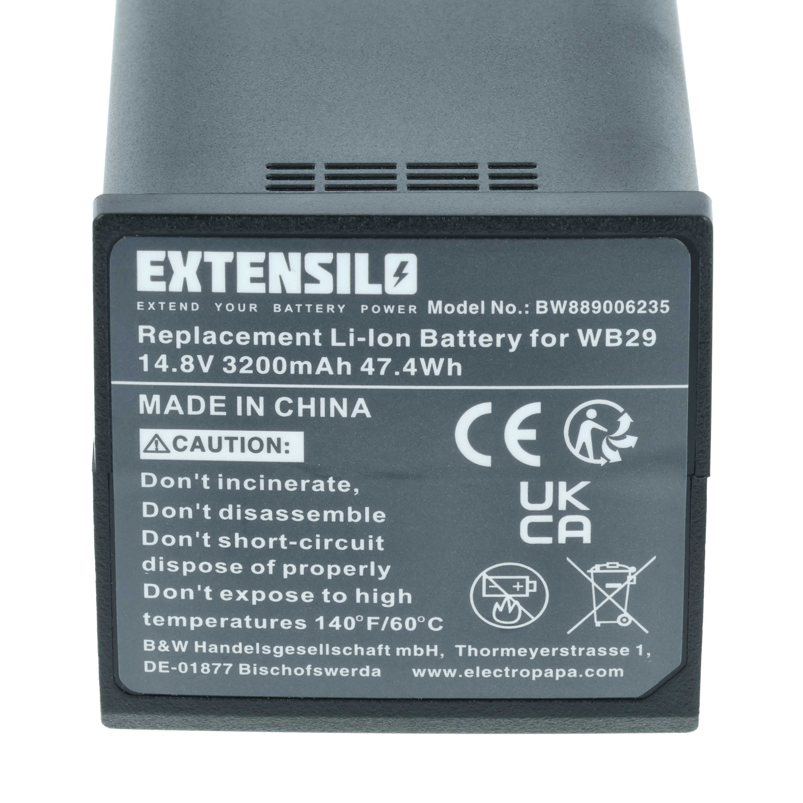 Grauer Akku mit Beschriftung: EXTENSILO, Li-Ion, 14.8V, Made in China, CE, UKCA.