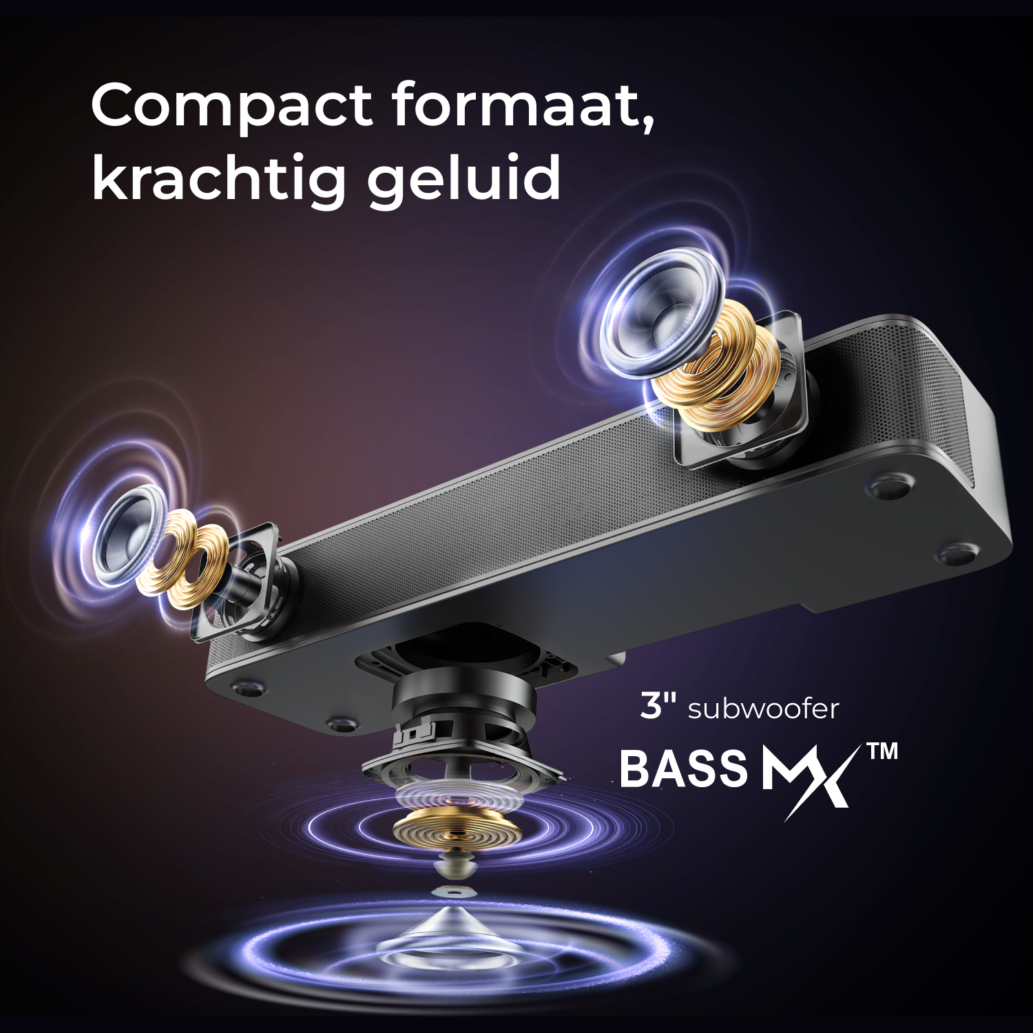 Speaker with visible drivers and subwoofer, with wave patterns.