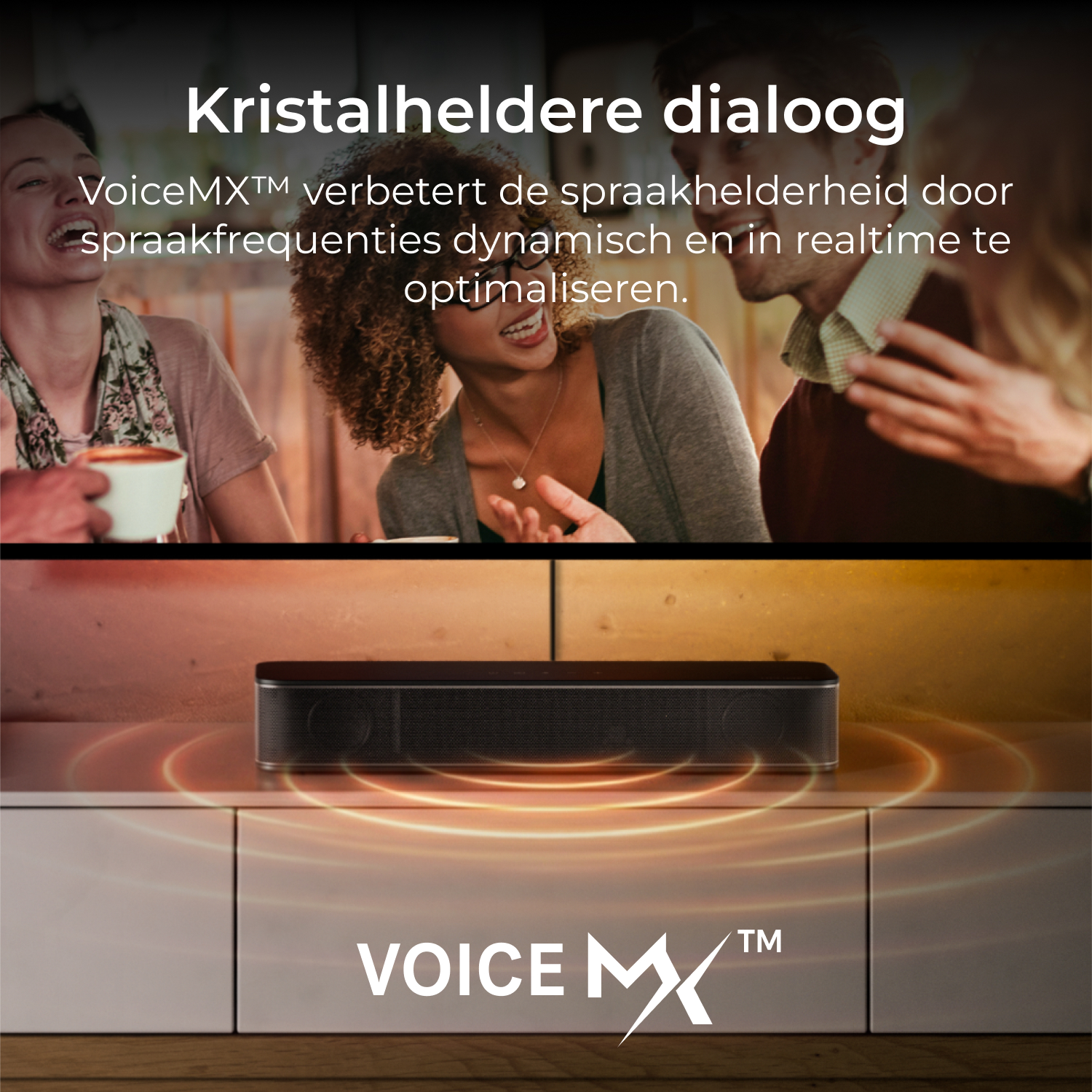 A black soundbar on a shelf with sound waves and people in the background.