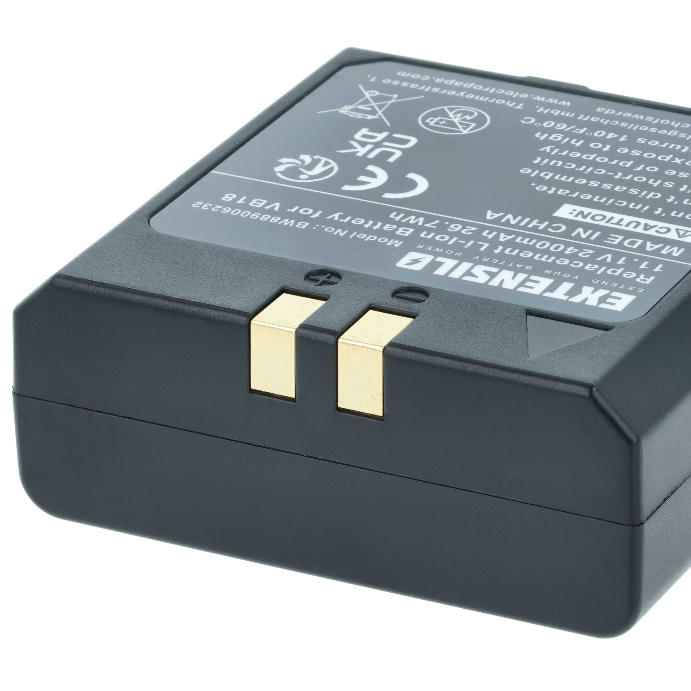 Schwarzer Li-Ion Akku mit goldenen Kontakten und Aufschriften.
