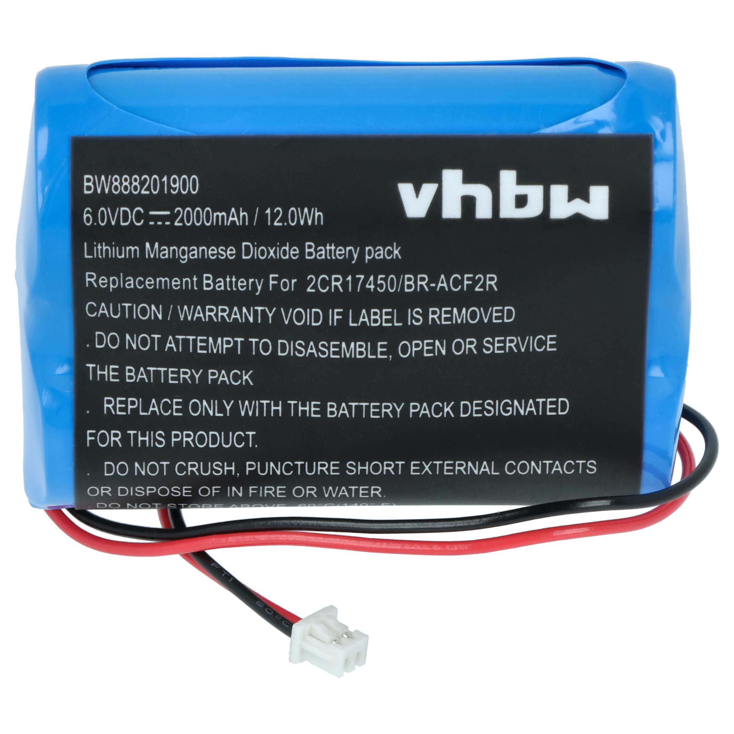 Ein blauer Lithium-Mangan-Dioxid-Akku mit 6,0 V, 2000 mAh und schwarzen Kabeln.