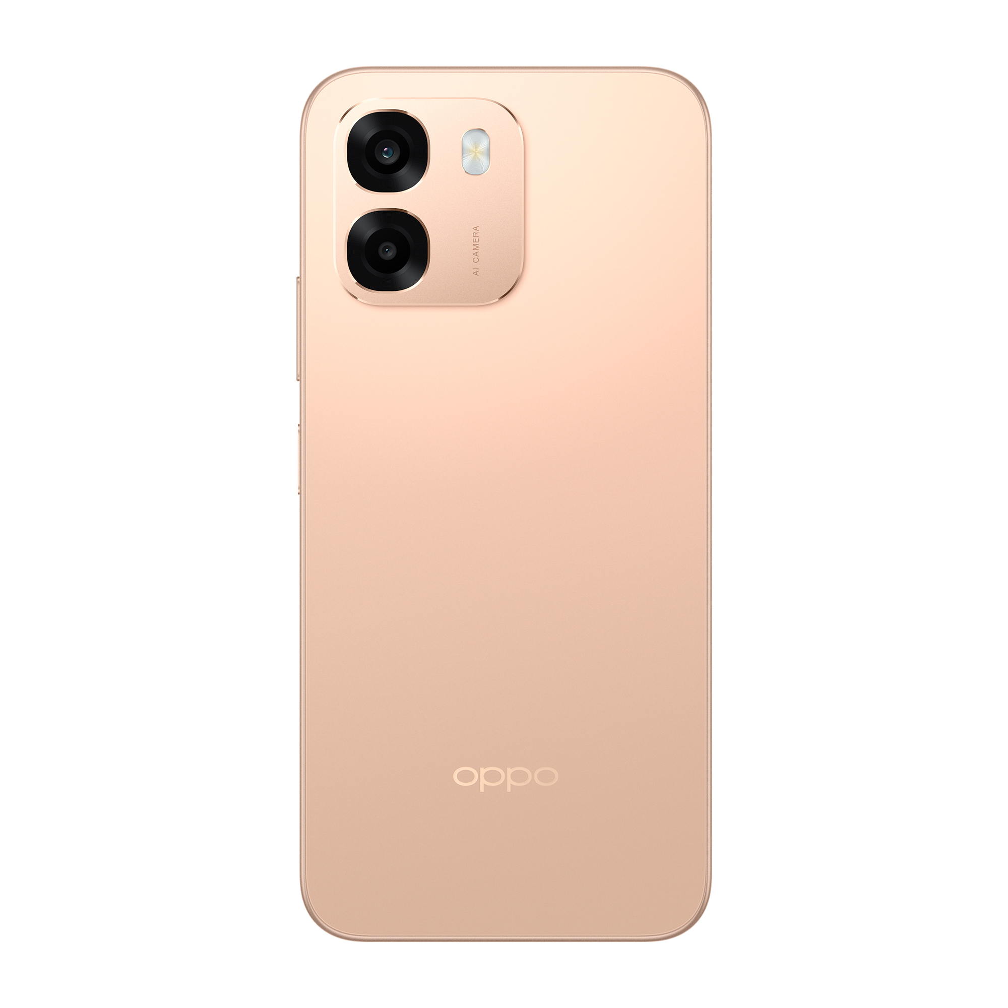Tył złotego smartfona z podwójnym aparatem i logo OPPO.