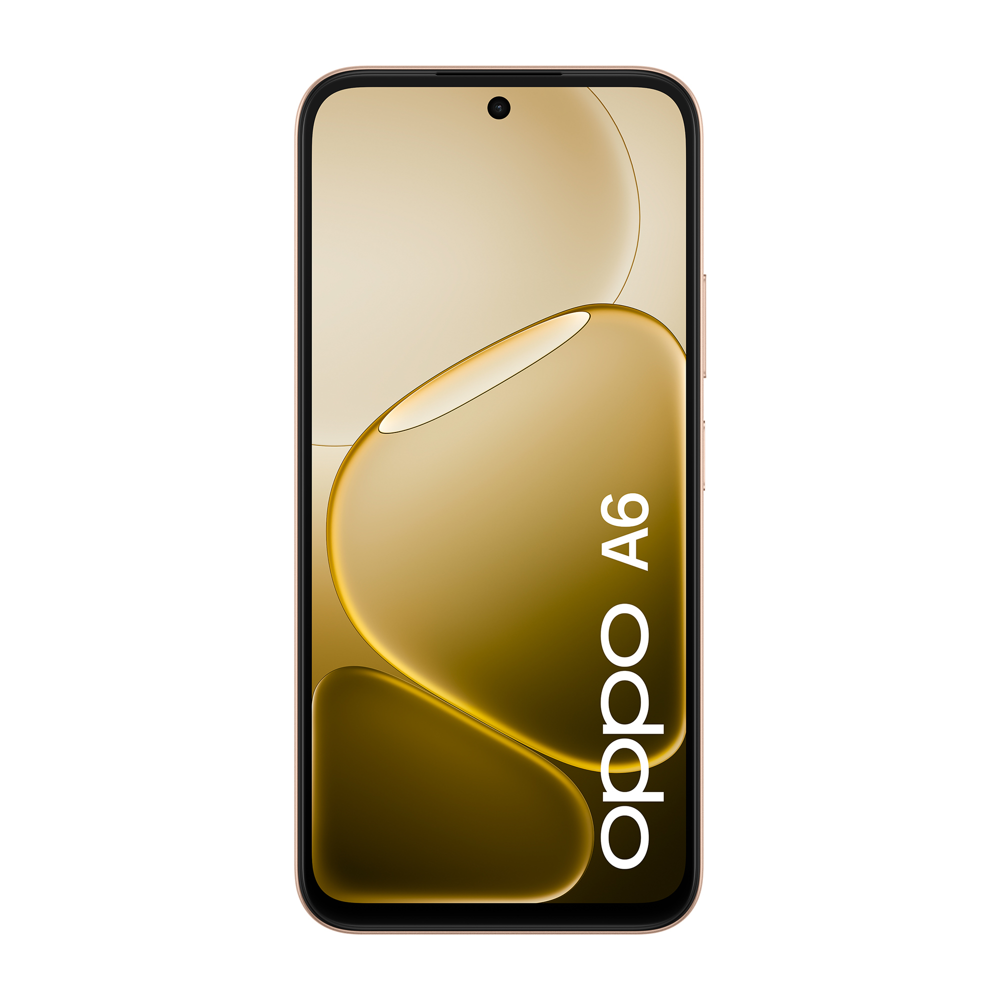 Ein goldener OPPO A6 Smartphone mit einem abstrakten Design auf dem Bildschirm.