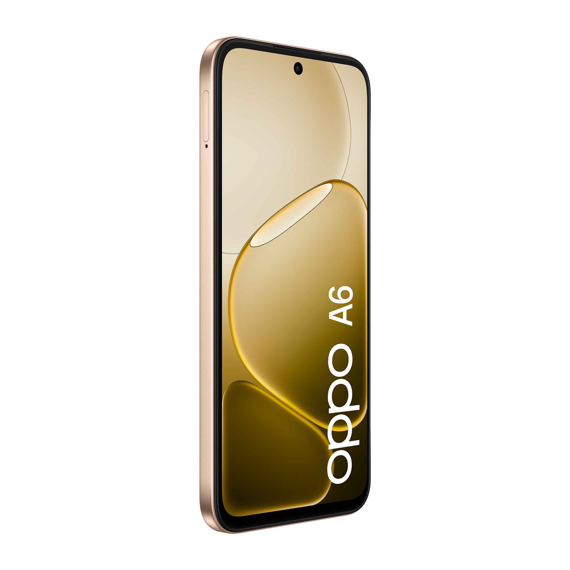 Ein goldfarbenes Oppo A6 Smartphone mit einem stilisierten Hintergrund.