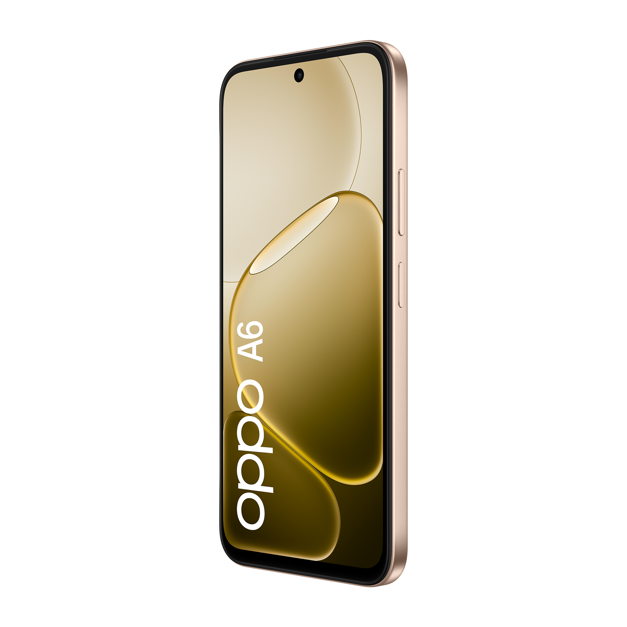 Ein goldener OPPO A6 Smartphone mit schwarzem Rand und Frontkamera.