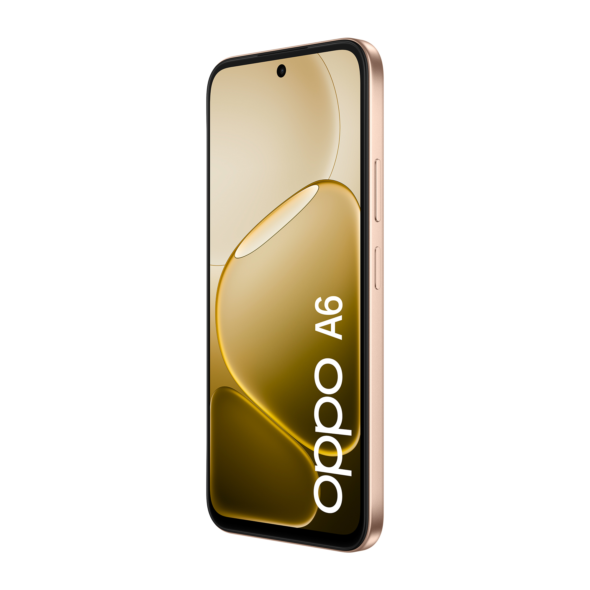 Goldfarbenes Oppo A6 Smartphone, aufrecht stehend, mit Kameramodul.