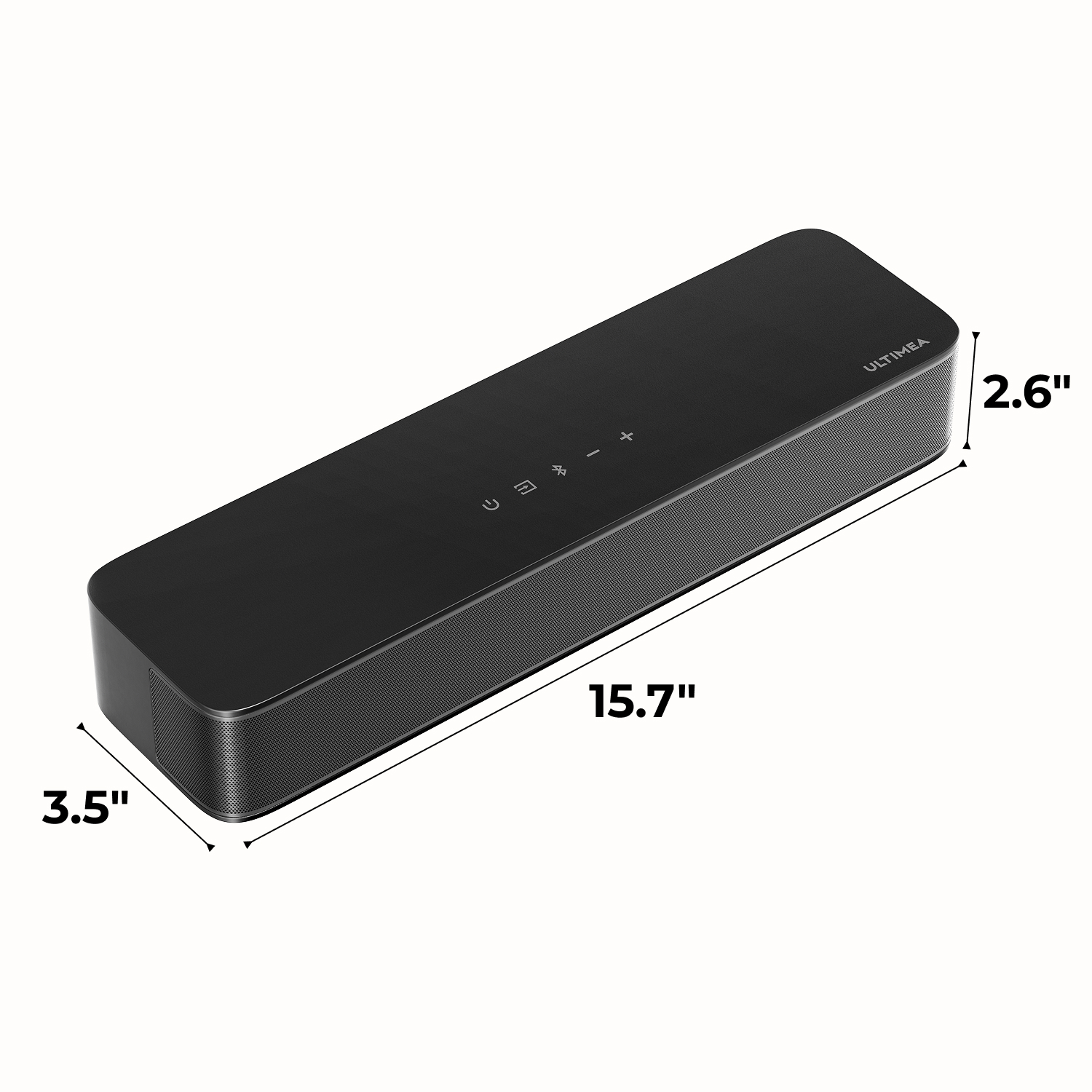 Black Ultimea soundbar with dimensions 15.7" L x 3.5" D x 2.6" H.