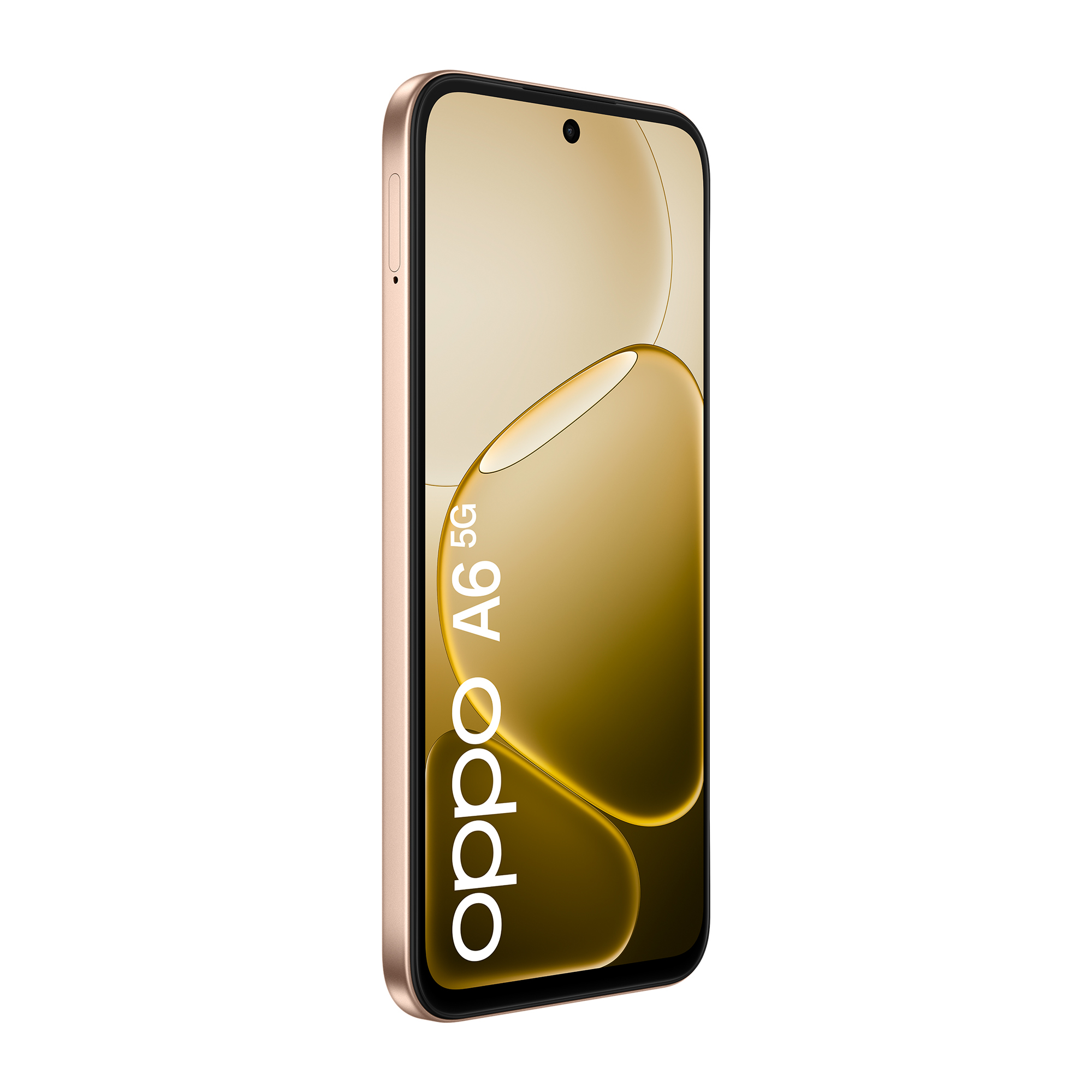 Złoty smartfon OPPO A6 5G z eleganckim tłem.
