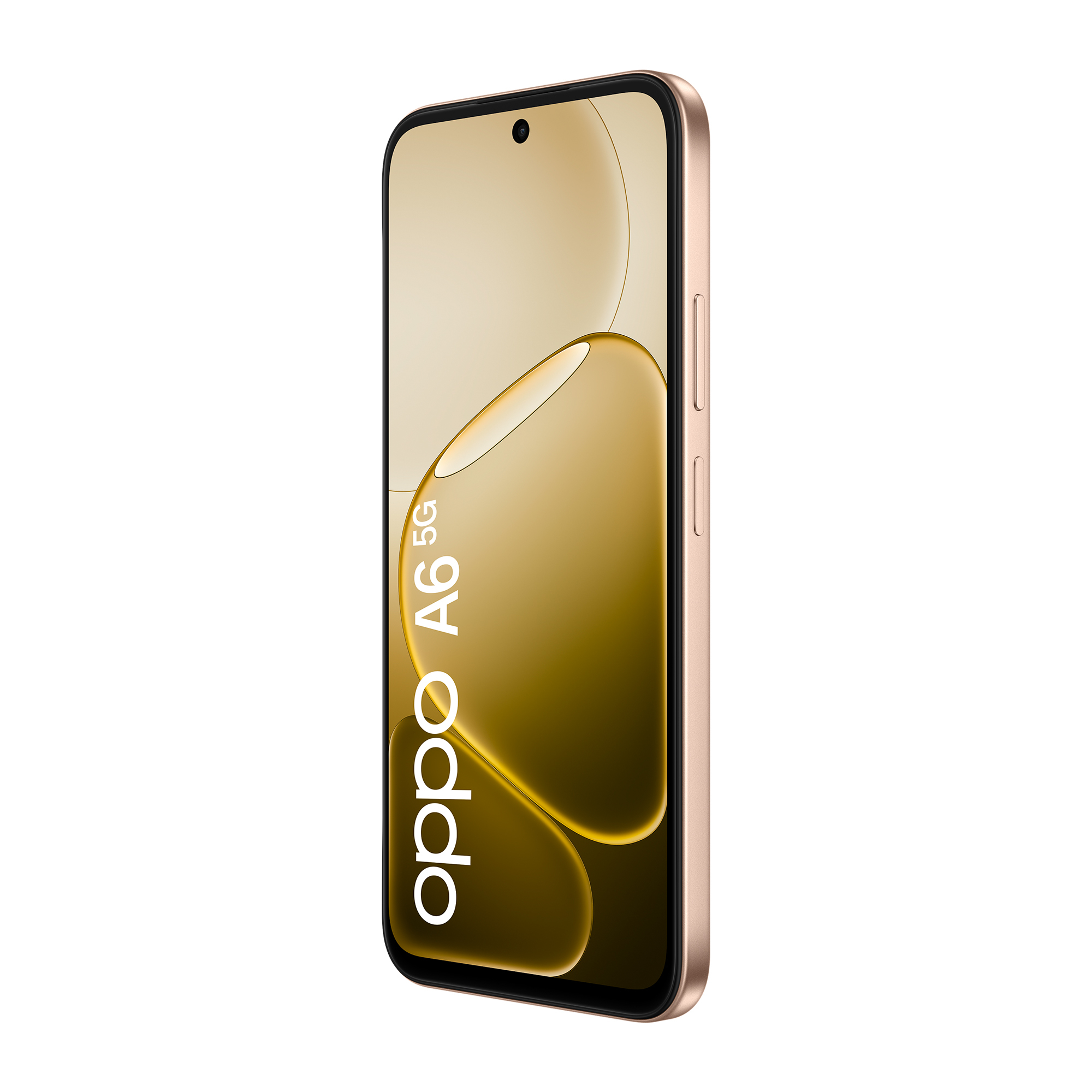 Złoty smartfon Oppo A6 5G z czarną ramką i sensorem aparatu.