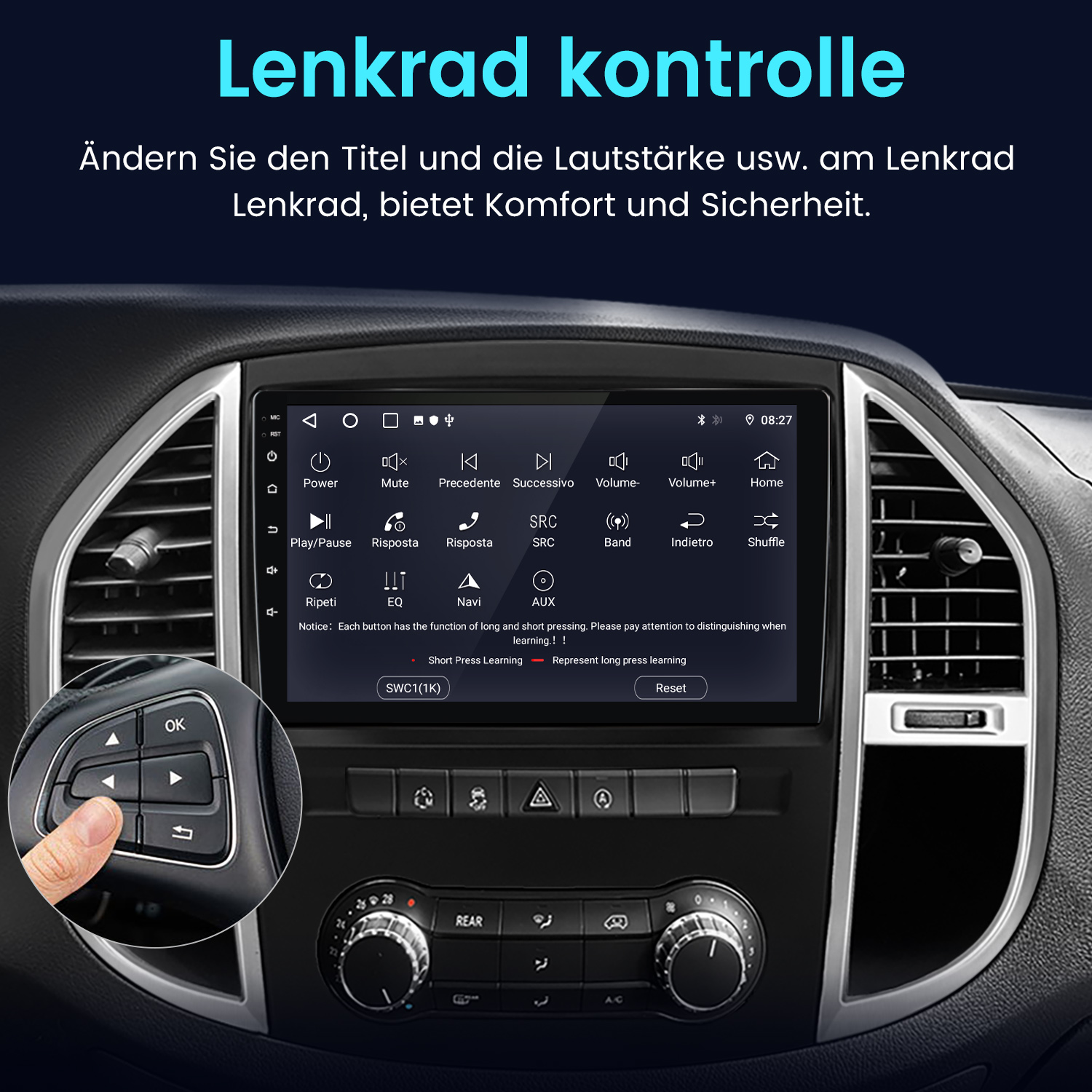 Ein Lenkrad mit einem Touchscreen-Infotainmentsystem und Bedienelementen.