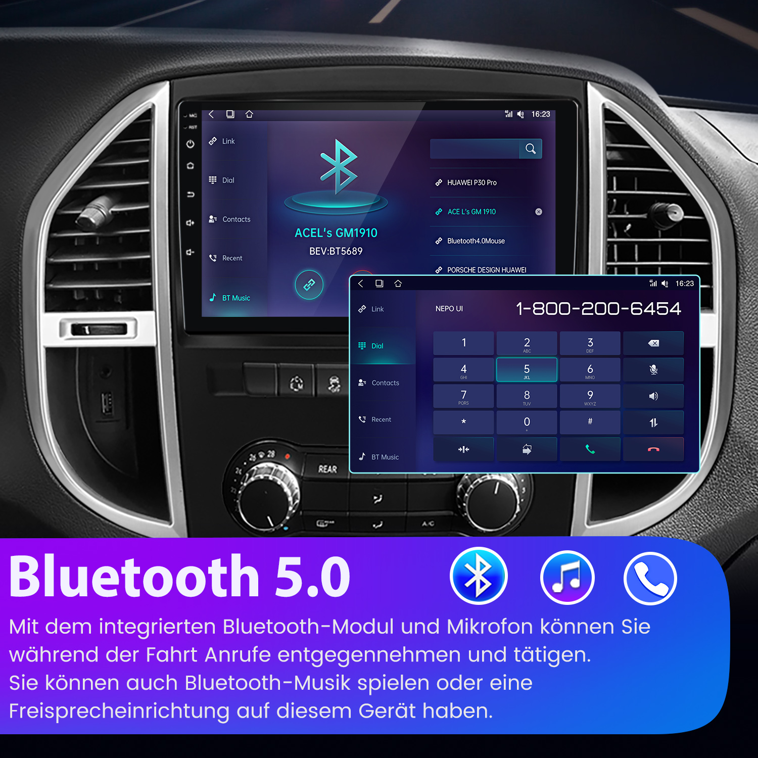 Un sistema di infotainment per auto mostra connessioni Bluetooth e un tastierino.
