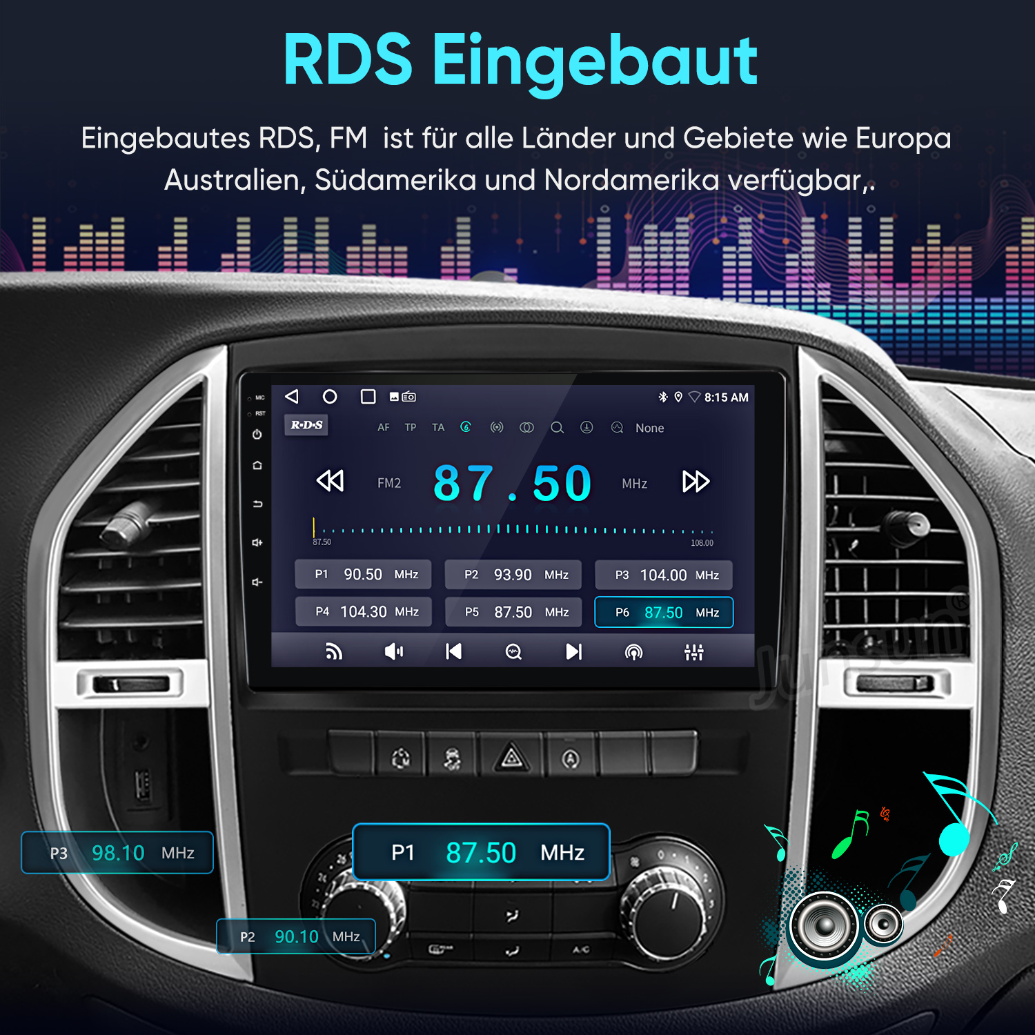 Un'autoradio con funzione RDS-FM visualizza 87,50 MHz. Diverse stazioni sono salvate.