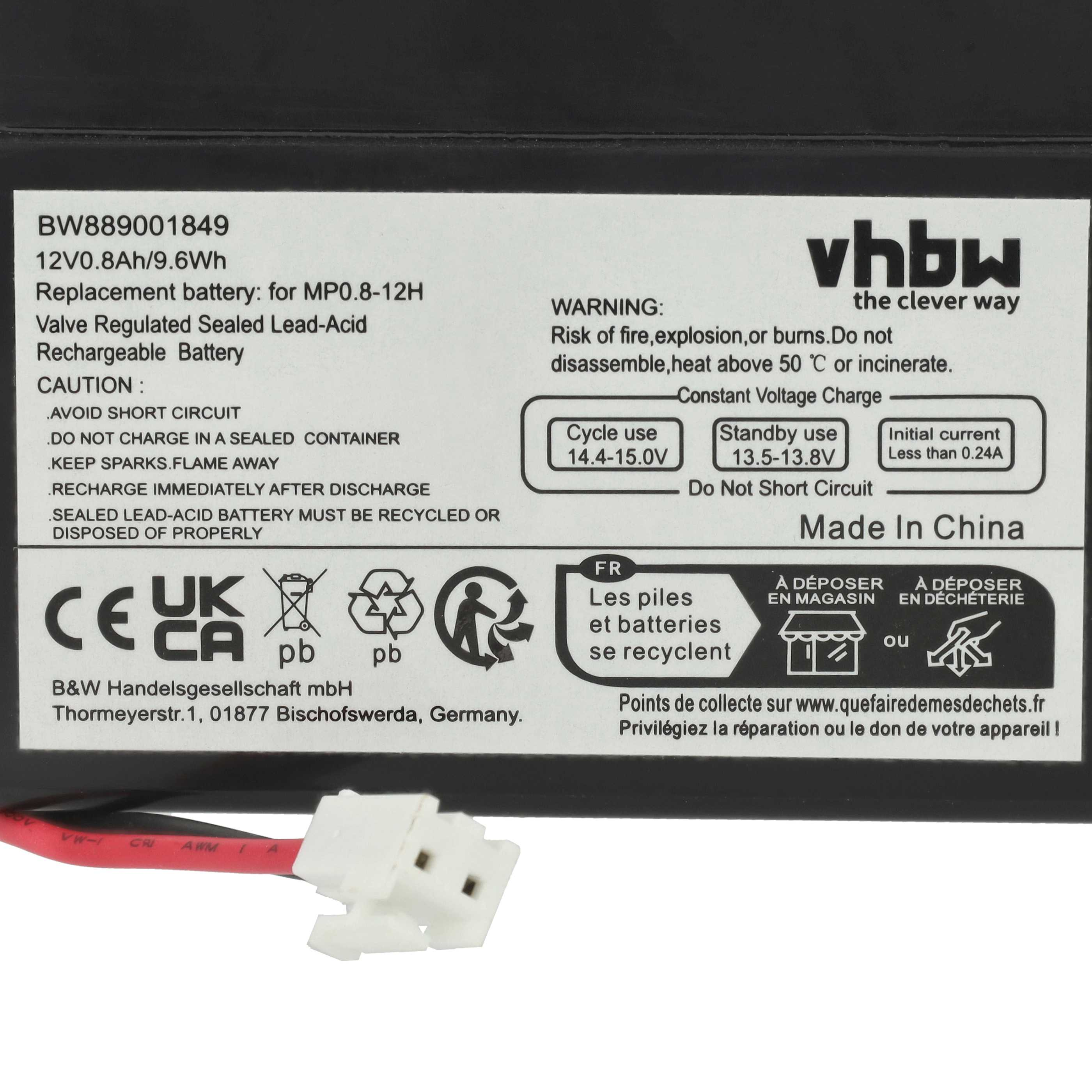 Ein 12V 0.8Ah Blei-Säure-Akku mit Warnhinweisen und Recycling-Symbolen.