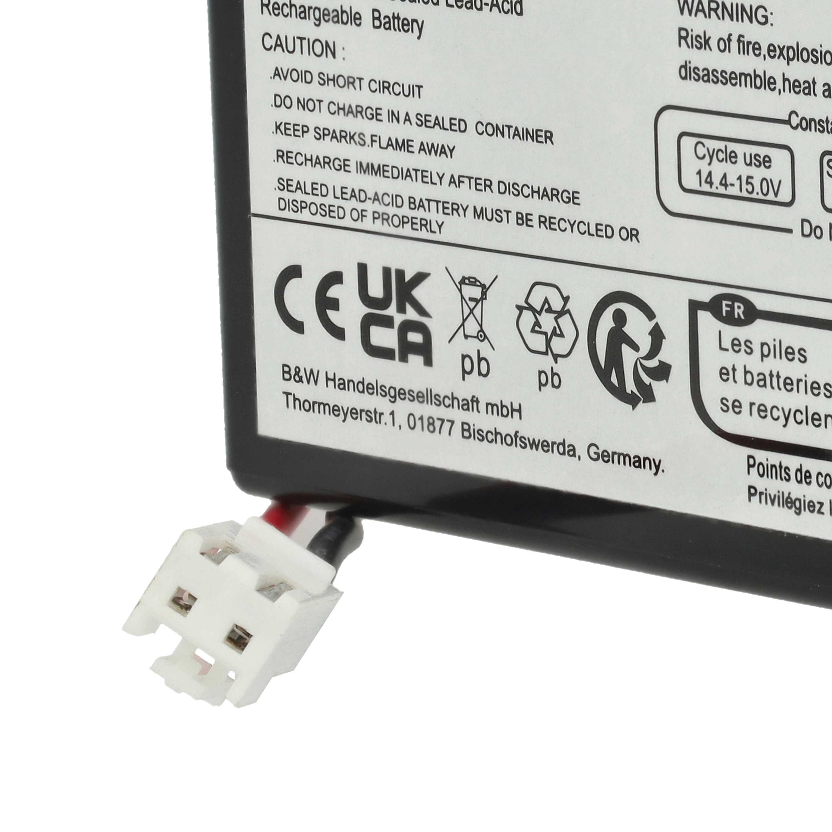 Wiederaufladbare Blei-Säure-Batterie mit Warnhinweisen und Recycling-Symbolen.