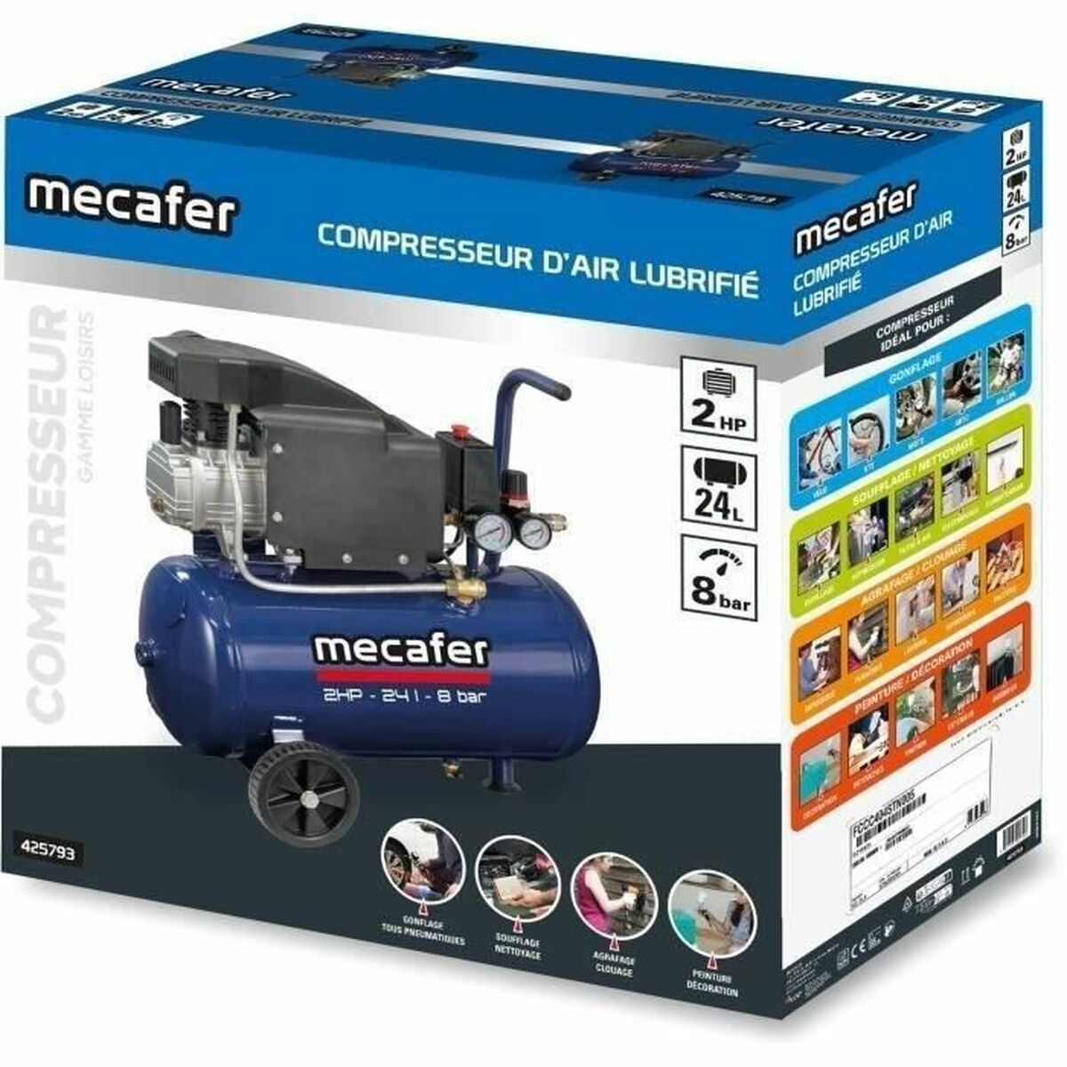 Blauer Mecalac Kompressor mit schwarzem Motor und Rädern auf der Verpackung.