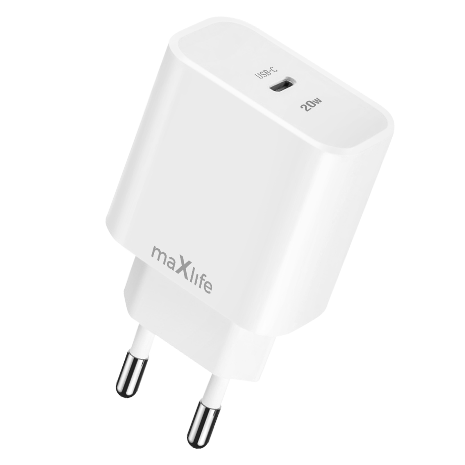 Weißer Netzsteckeradapter mit USB-C-Anschluss und 20 W Leistung.