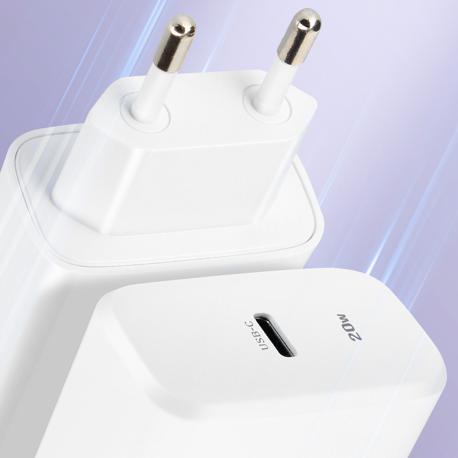 Zwei weiße Netzsteckeradapter mit USB-C-Anschluss und 20W-Angabe.