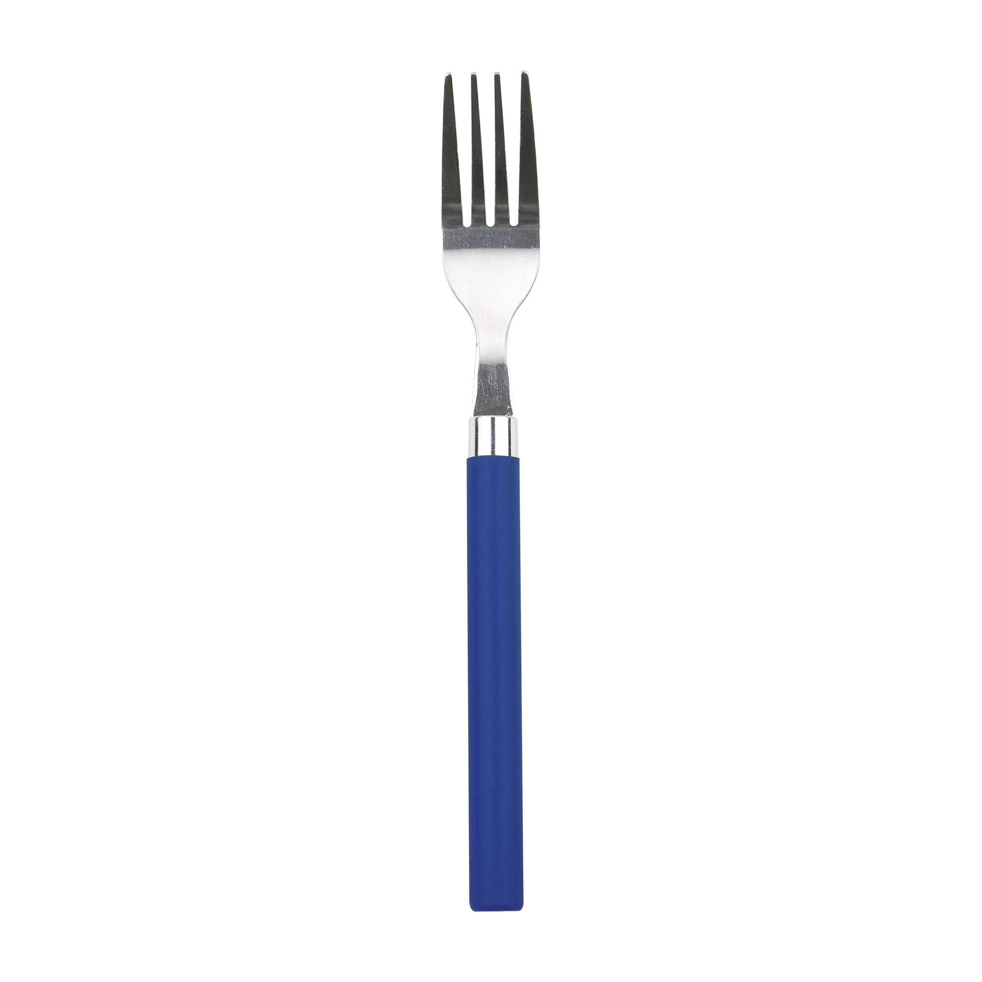 Un tenedor plateado con mango azul sobre fondo blanco.