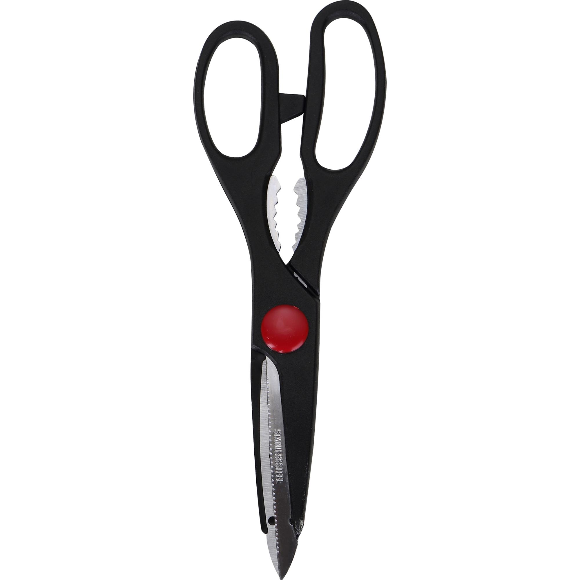 Tijeras negras con pivote rojo y hojas dentadas.