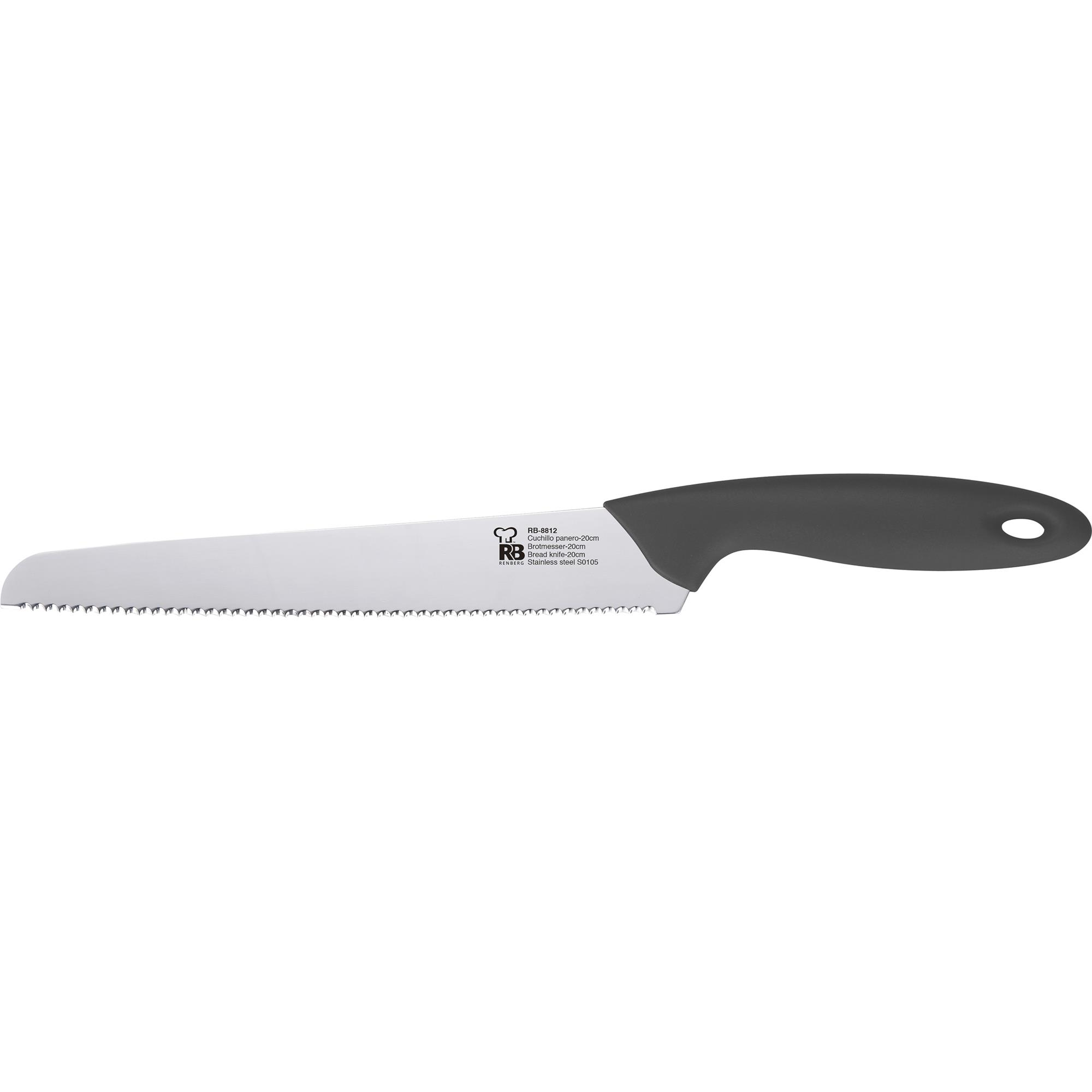 Un cuchillo para pan con hoja dentada y mango negro.