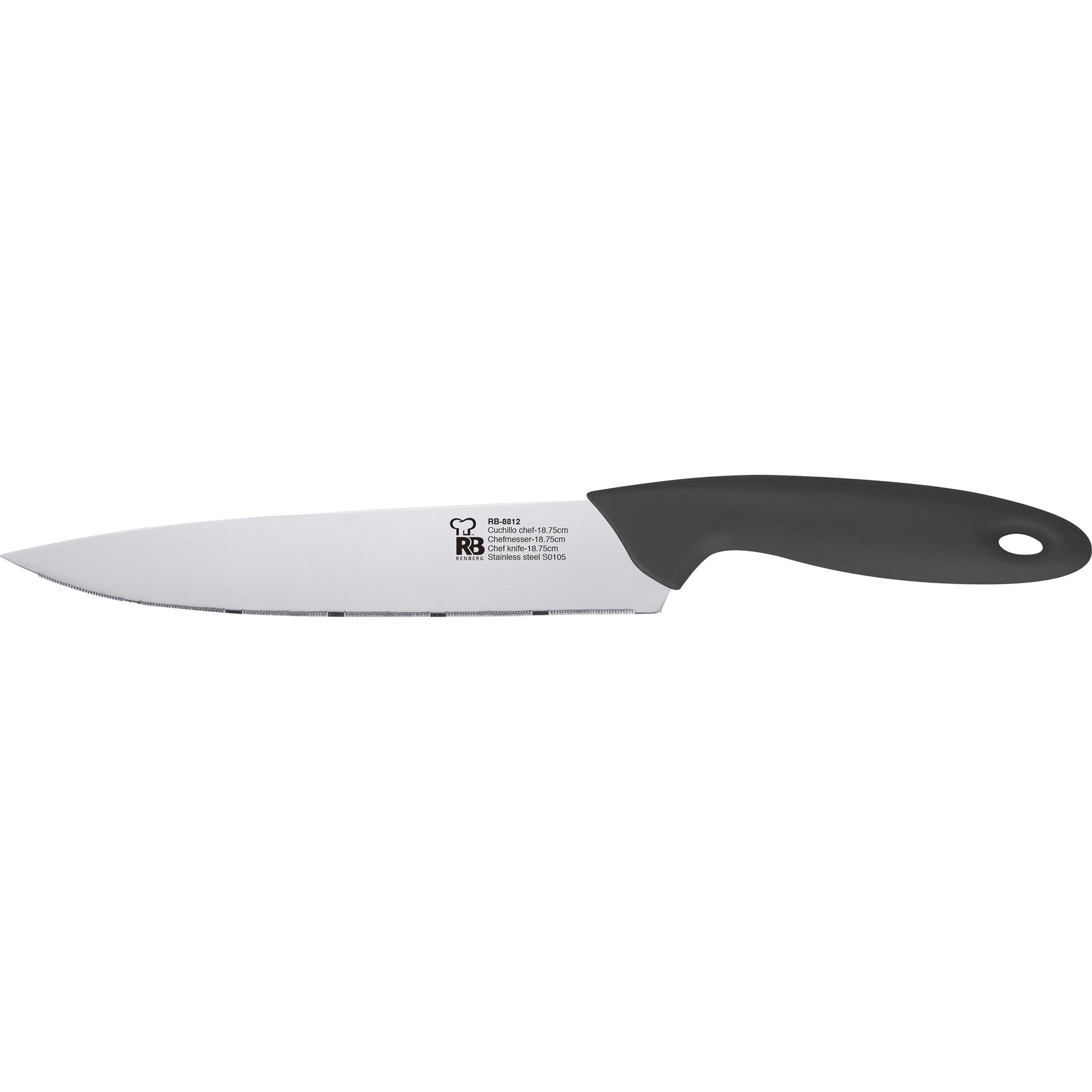 Un cuchillo de chef afilado con mango negro y hoja plateada.
