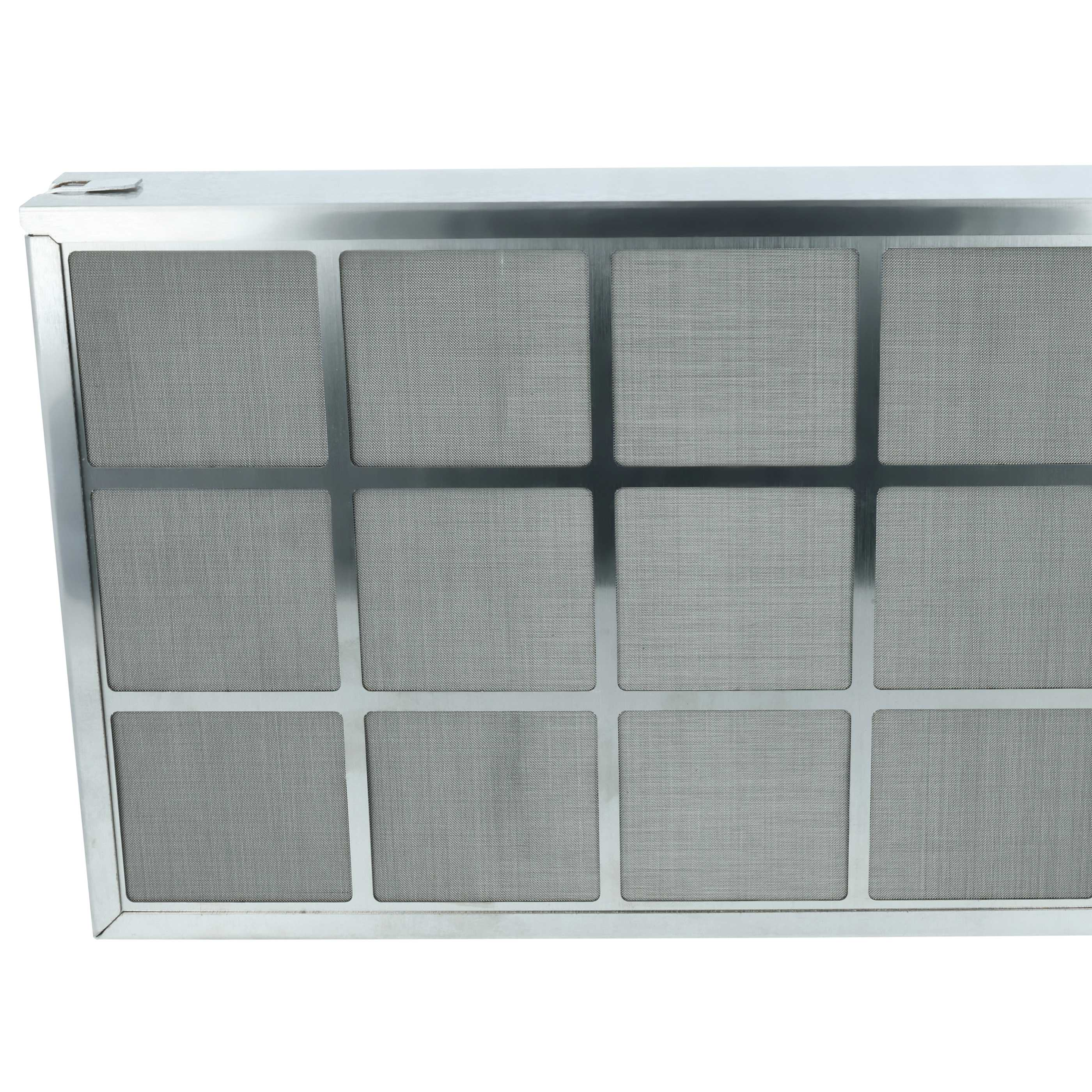 Ein silberner Metallfilter mit einem Gitter aus 12 Quadraten auf weißem Hintergrund.
