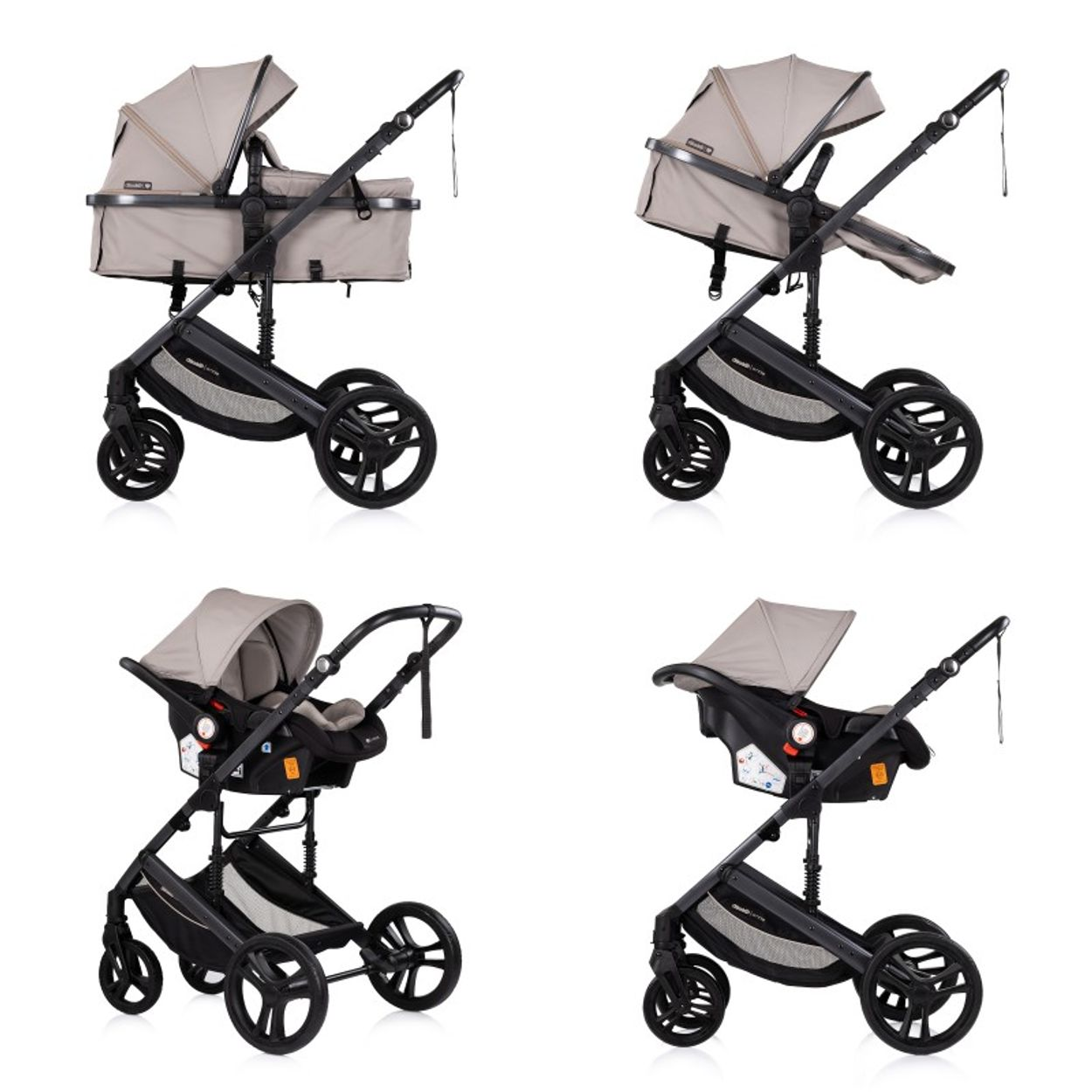 Vier Ansichten eines Kinderwagens mit Babywanne und Autositz in Beige und Schwarz.