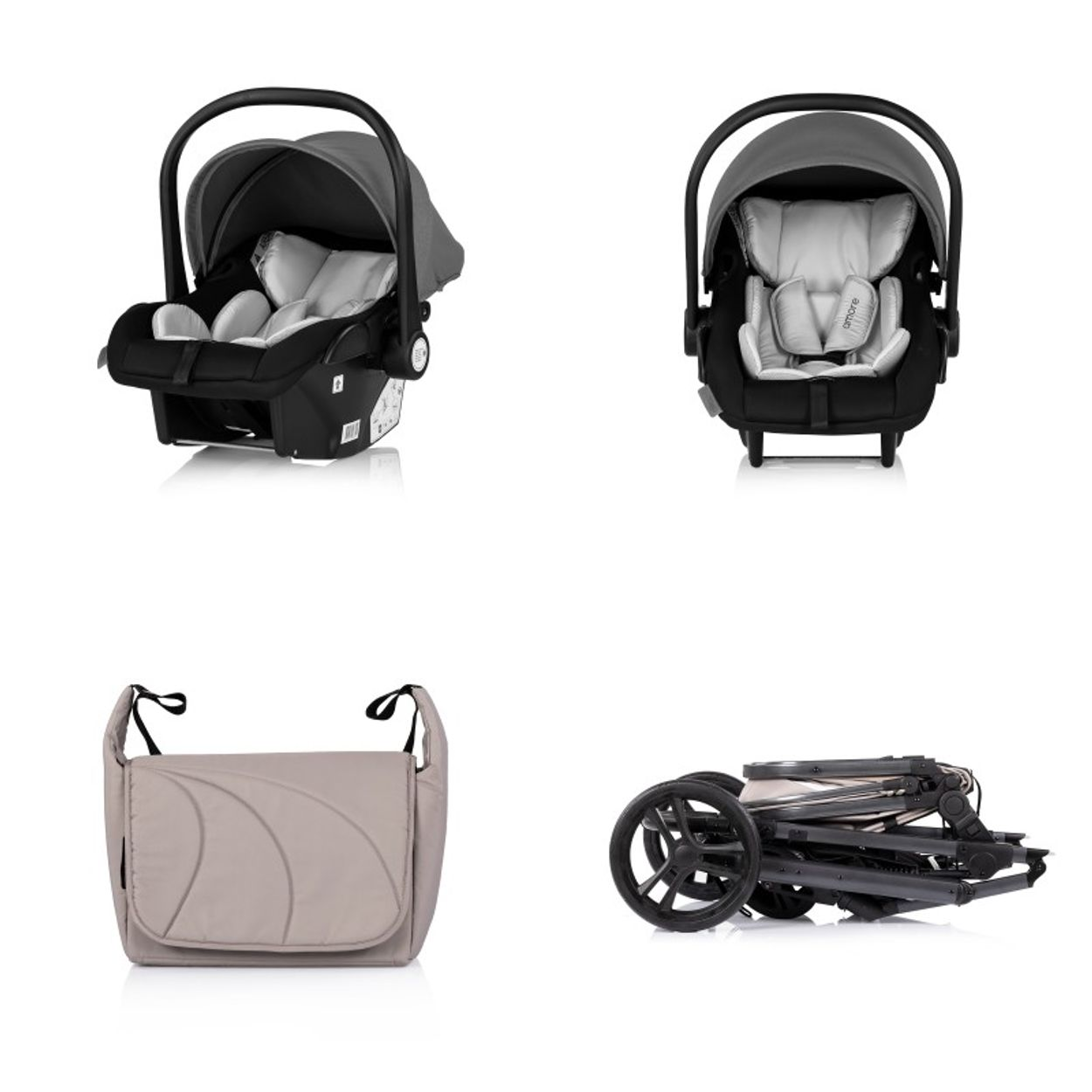 Ein schwarzer Autositz mit Verdeck und beige Polsterung, eine beige Tasche und ein zusammengeklappter Kinderwagen.