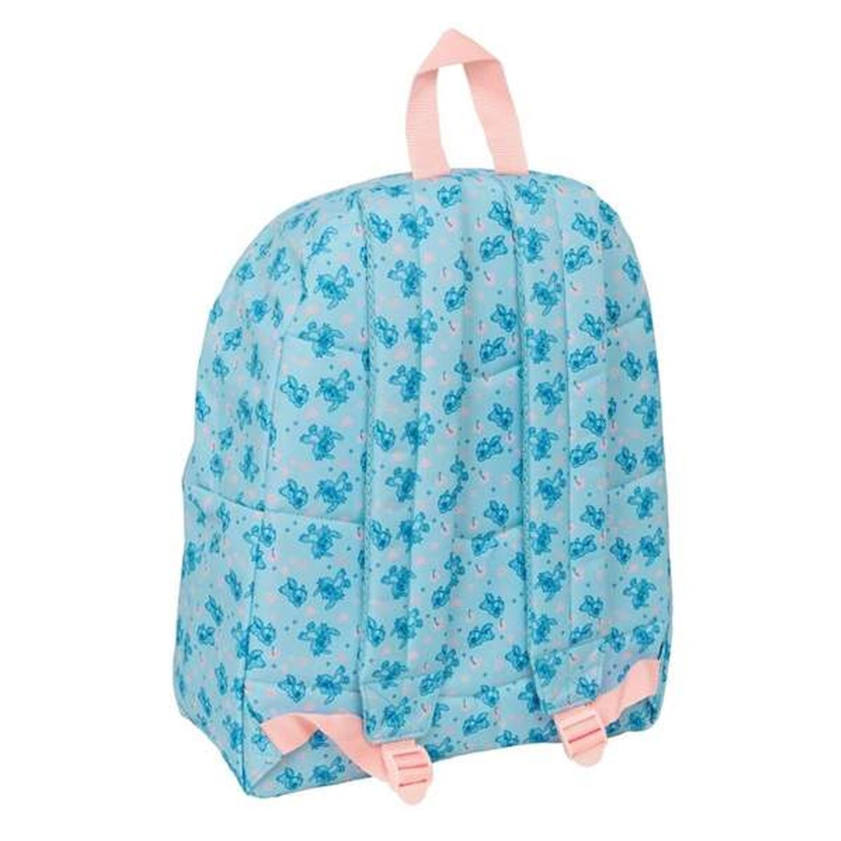 Ein hellblauer Rucksack mit Stitch-Motiv und rosa Trägern.